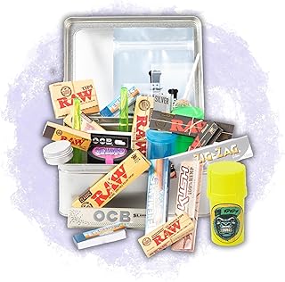 RAW Smokers Rolling Cigarette Gift Tin Box Set - Smoking Hamper Kit - Window Lid Tin Roller Storage Unit - (Large) (RAWTHENTIC Rolling Papers)