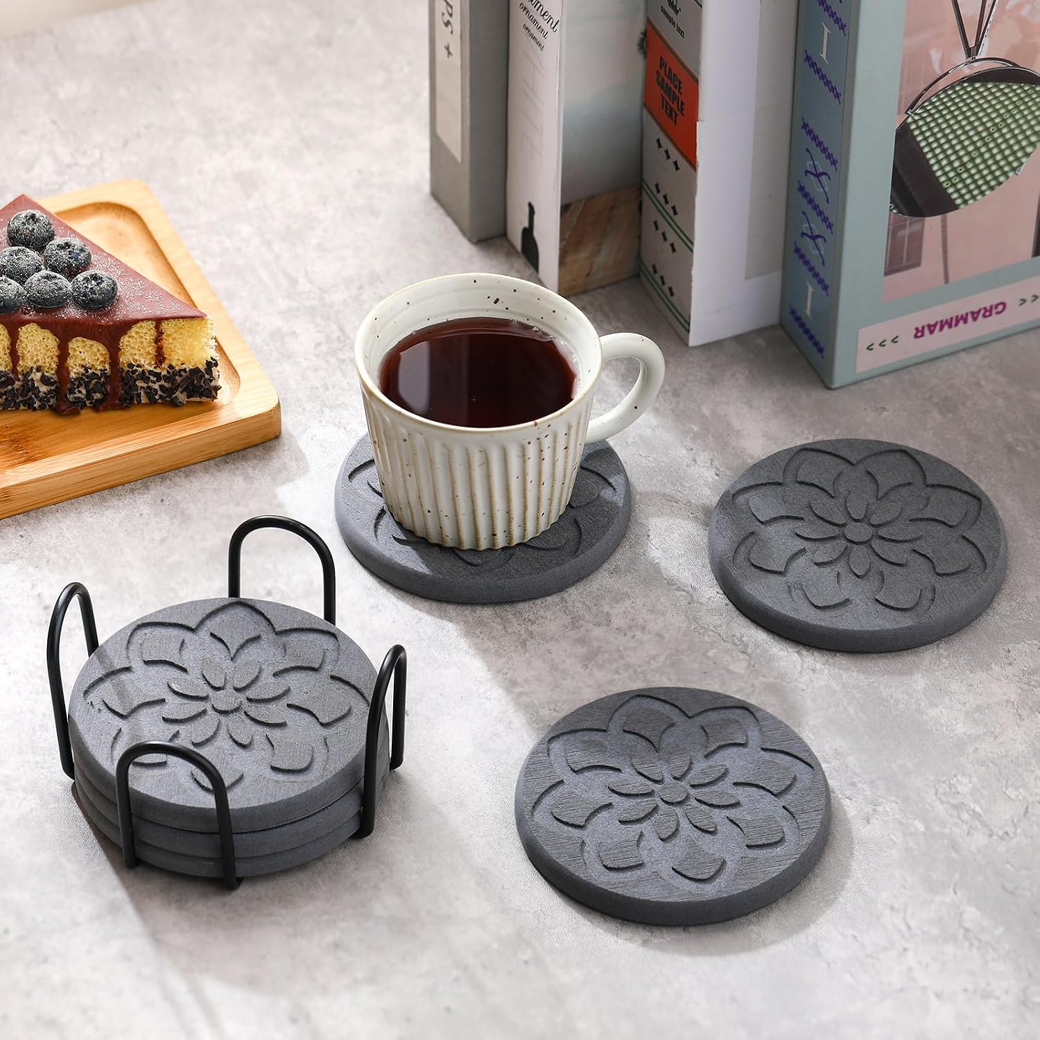 6 Pcs Diatomaceous Earth Absorbent Coasters with Holder 4 Inch Floral Engraved Non-Slip Round Diatom Mud Cup Mats Drink Coasters for Home Office Coffee Kitchen Bar Table Decor