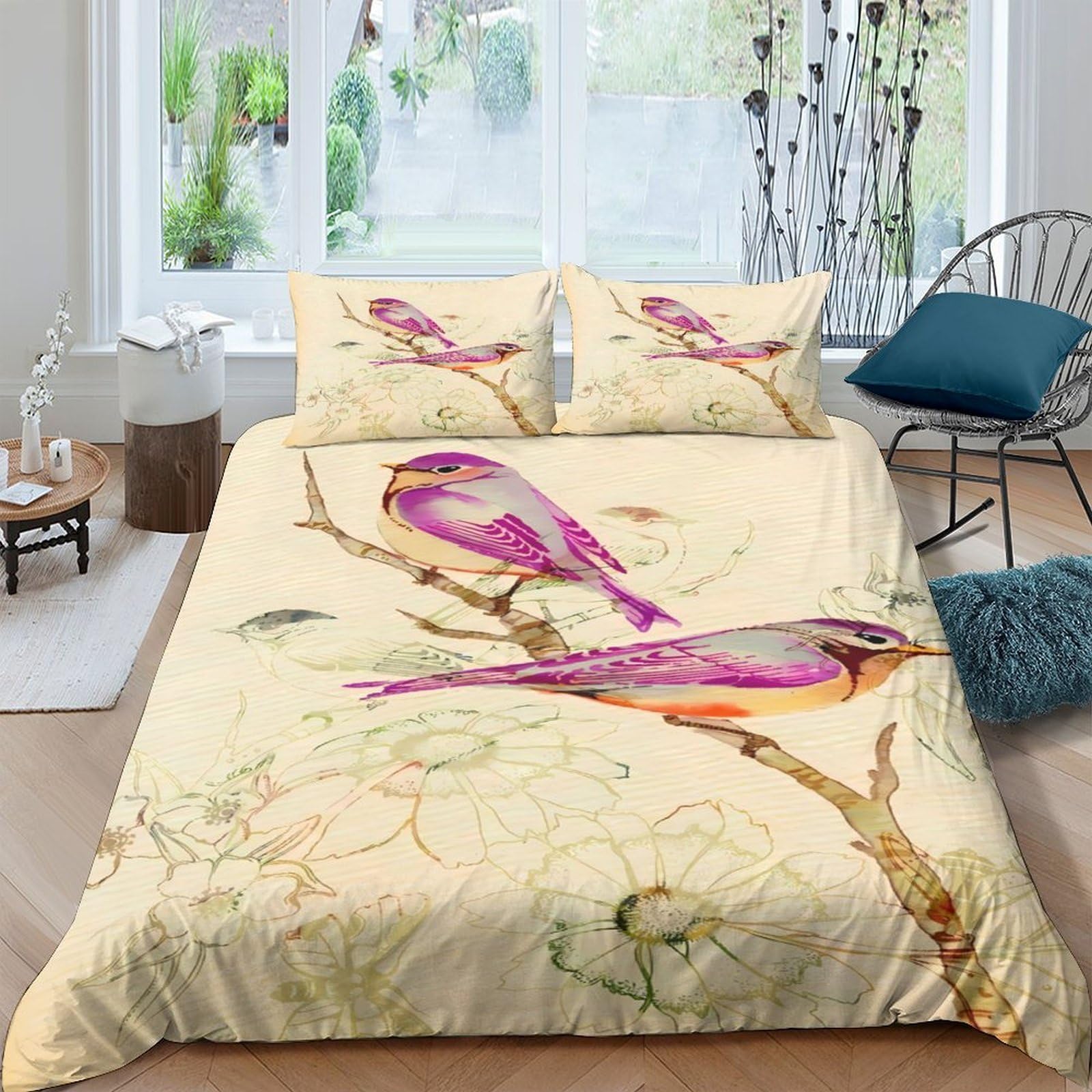 Ctjqhvkz Style-6 3D Printed Pink Bird Fitted Sheet Microfiber Soft Breathable Branch Pattern Bed Cover For Bedroom Guest Room Decor Single（135X200cm）