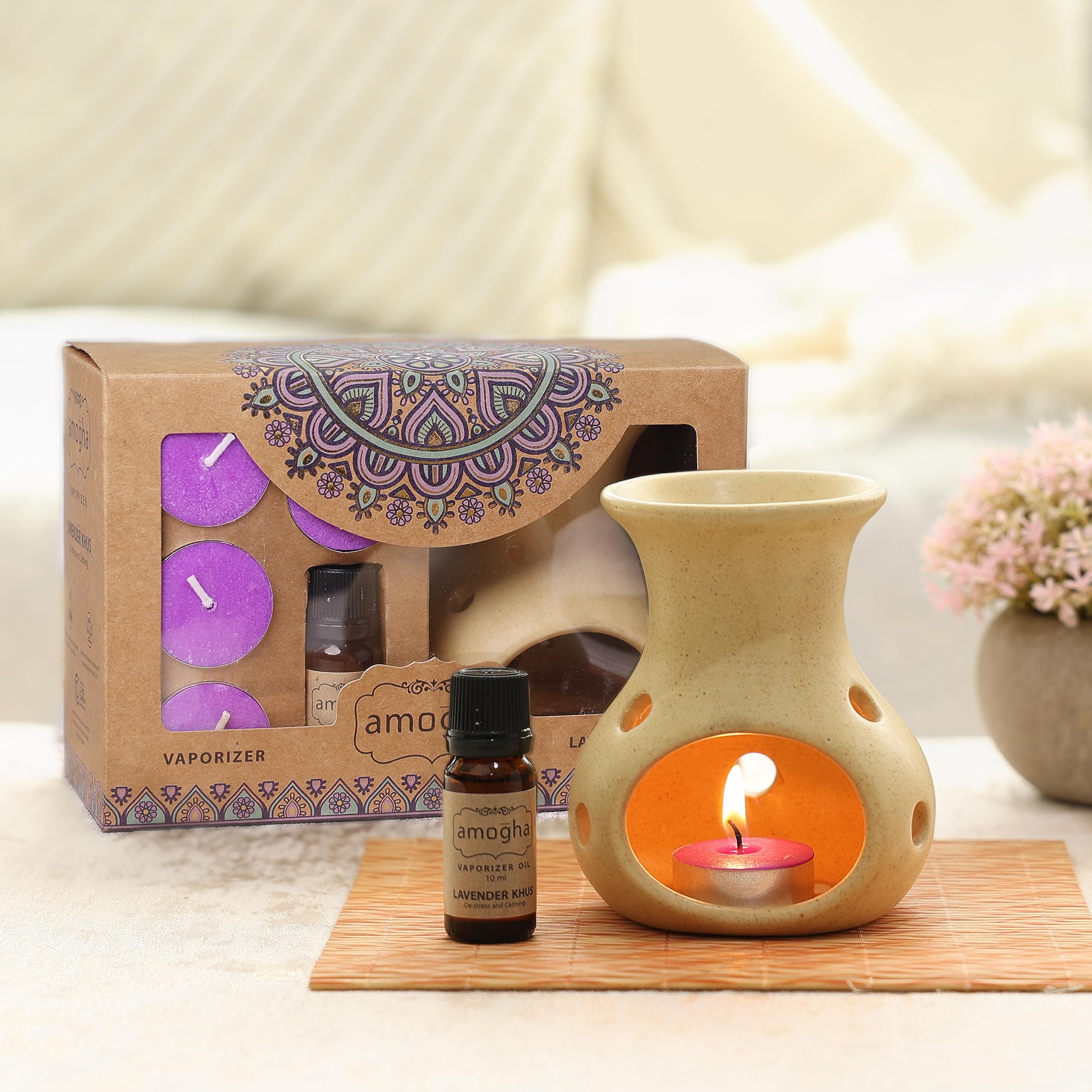 Ceramic Lavender Khus Fragrance Vaporizer With 4 Tealights And 10Ml Vaporizer Oil-image-32