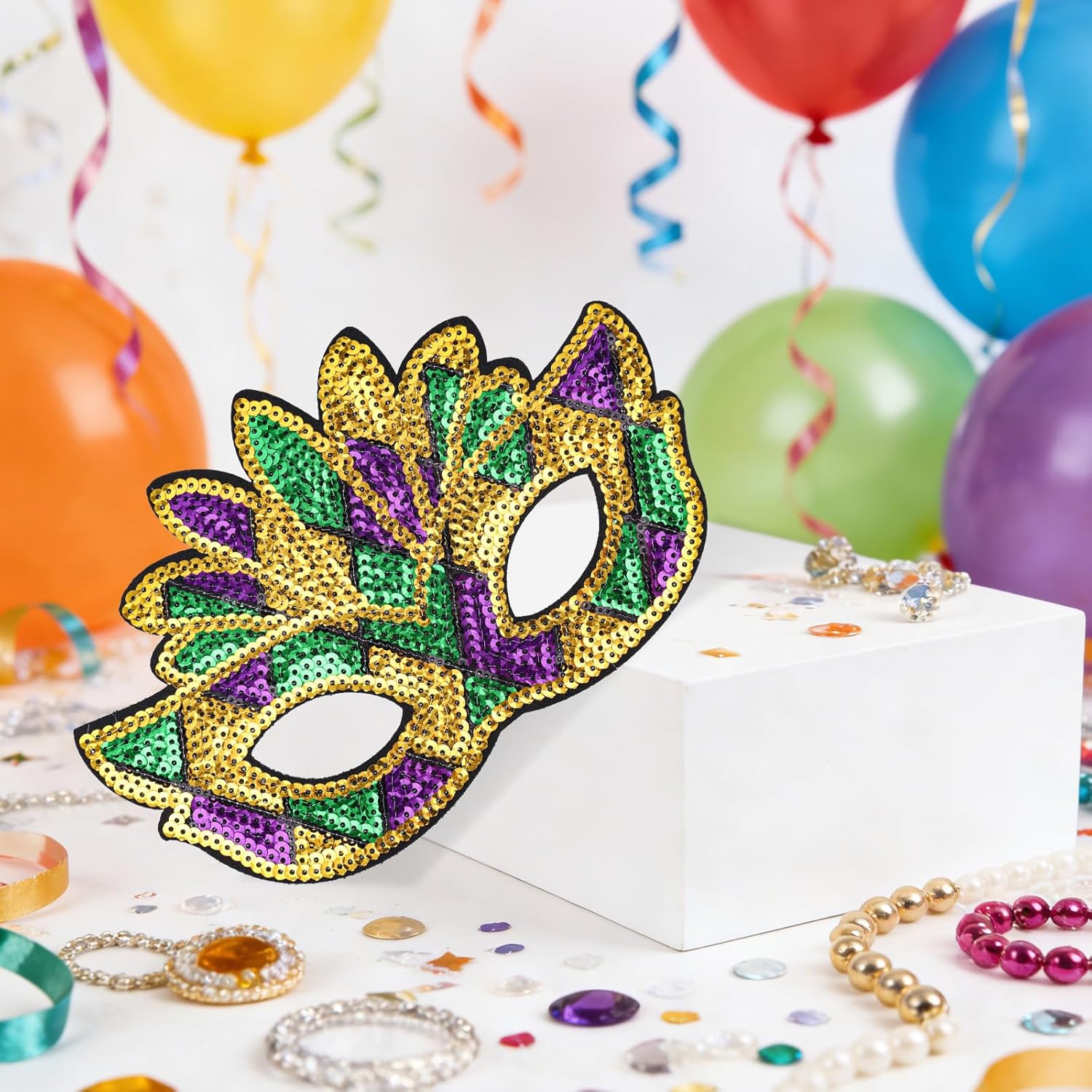 12pcs Mardi Gras Masks Bulk, Carnival Masquerade Masks Decorations with Sequin & Silk Ribbon 6 Styles Faux Feather Face Mask for Women Men Festival Ball Halloween Costume Party Favors