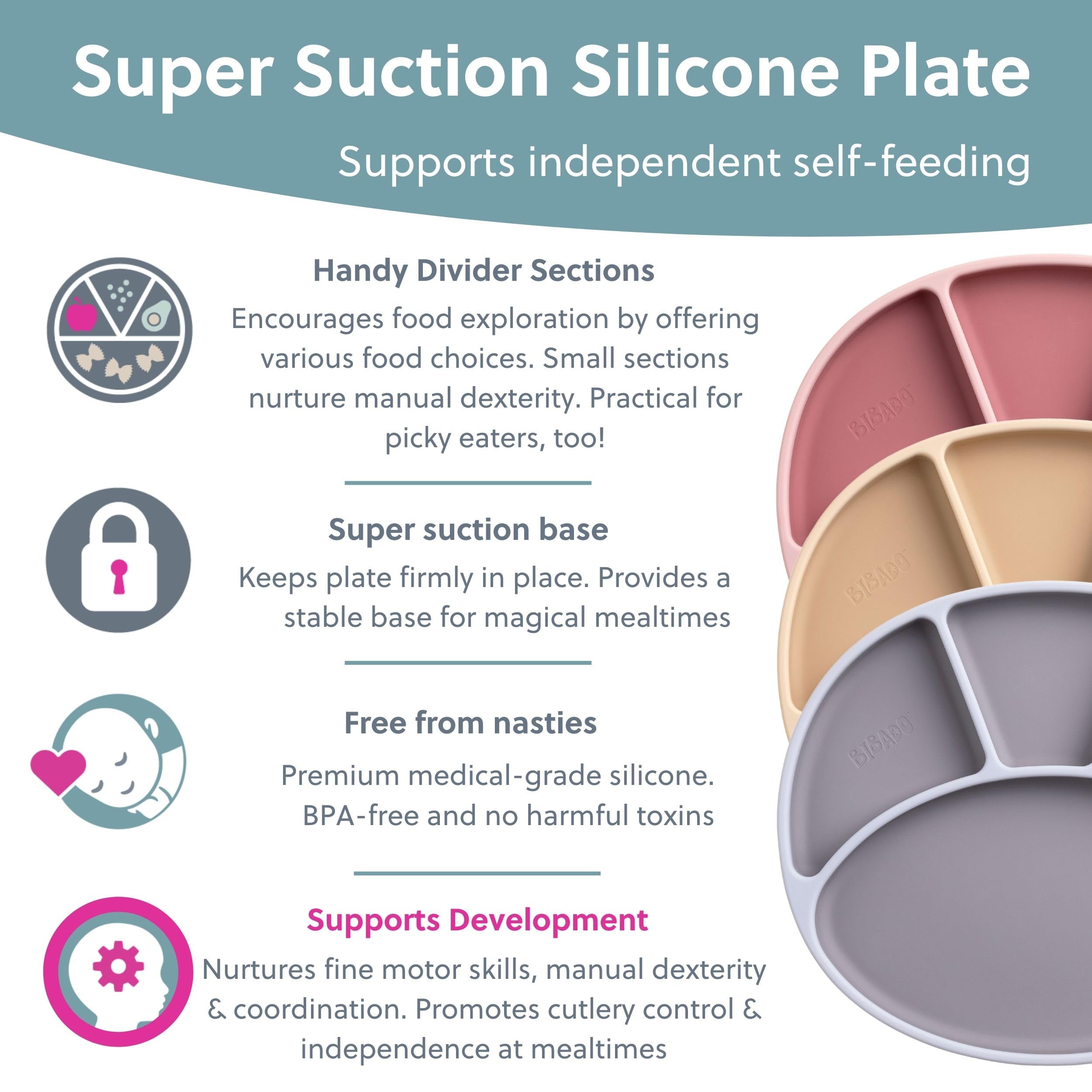 BIBaDO, Silicone Suction Divider Plate (Mist), Toddler Plates, Help Develop Motor Skills, Durable - Image 3