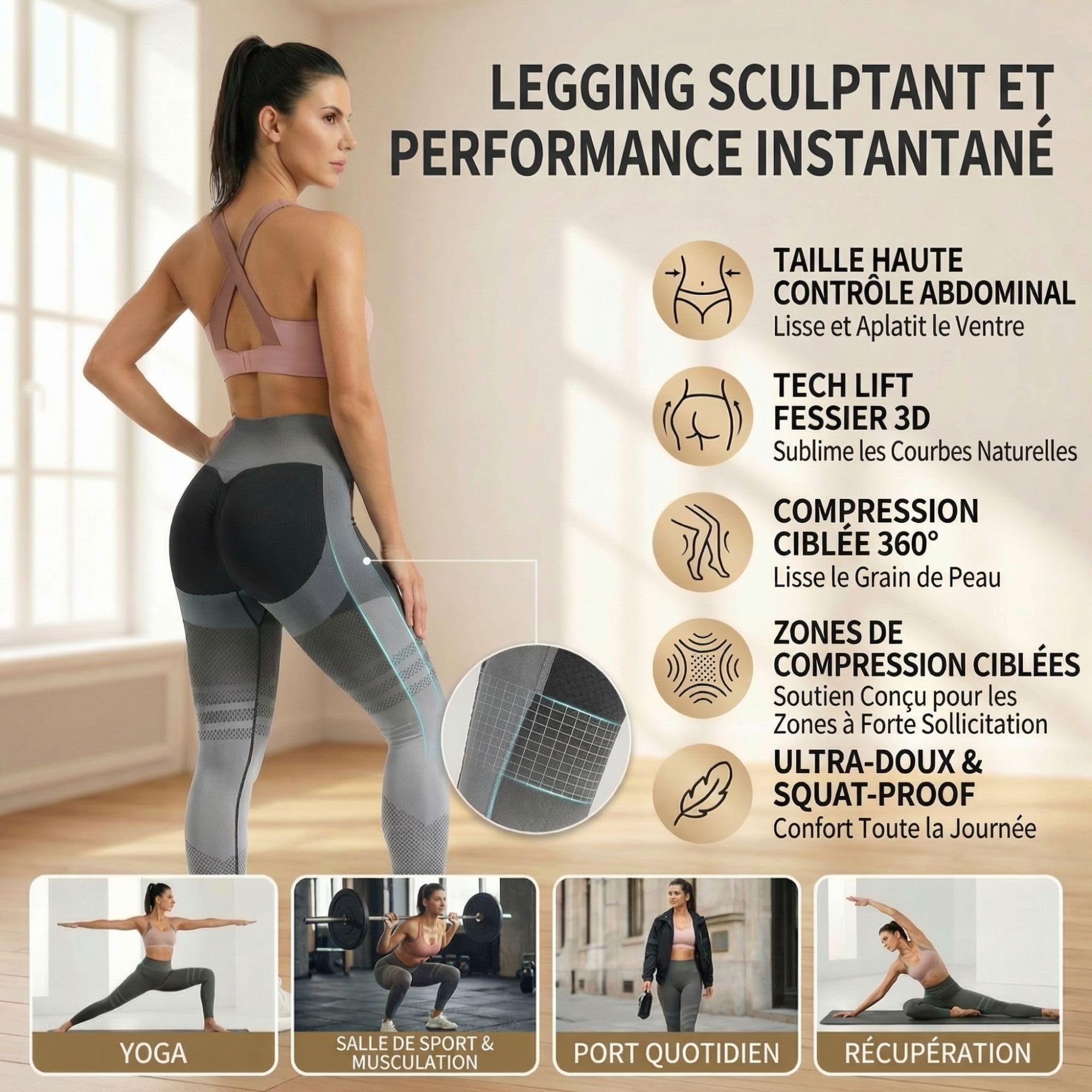 Legging 3D Anti Cellulite Femme Sport Effet Push-Up Et Ventre Plat Minceur Compression Legging De Yoga Et De Fitness pour Drainage Lymphatique Lipoedeme Running Pants - 4