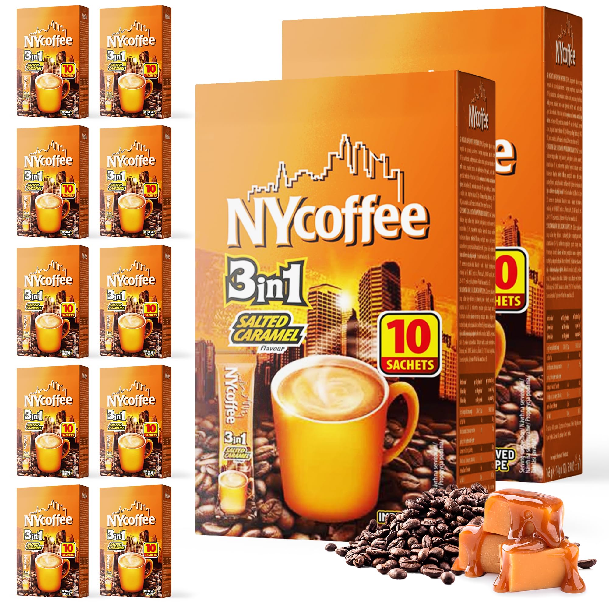 SOL 100pk Bulk NY 3-in-1 Coffee Sachets, Salted Caramel Flavour Case Pack Includes 10 x 10 Individually Wrapped Instant Sticks, Convenient and Portable, Perfect for Home, Office, or Travel