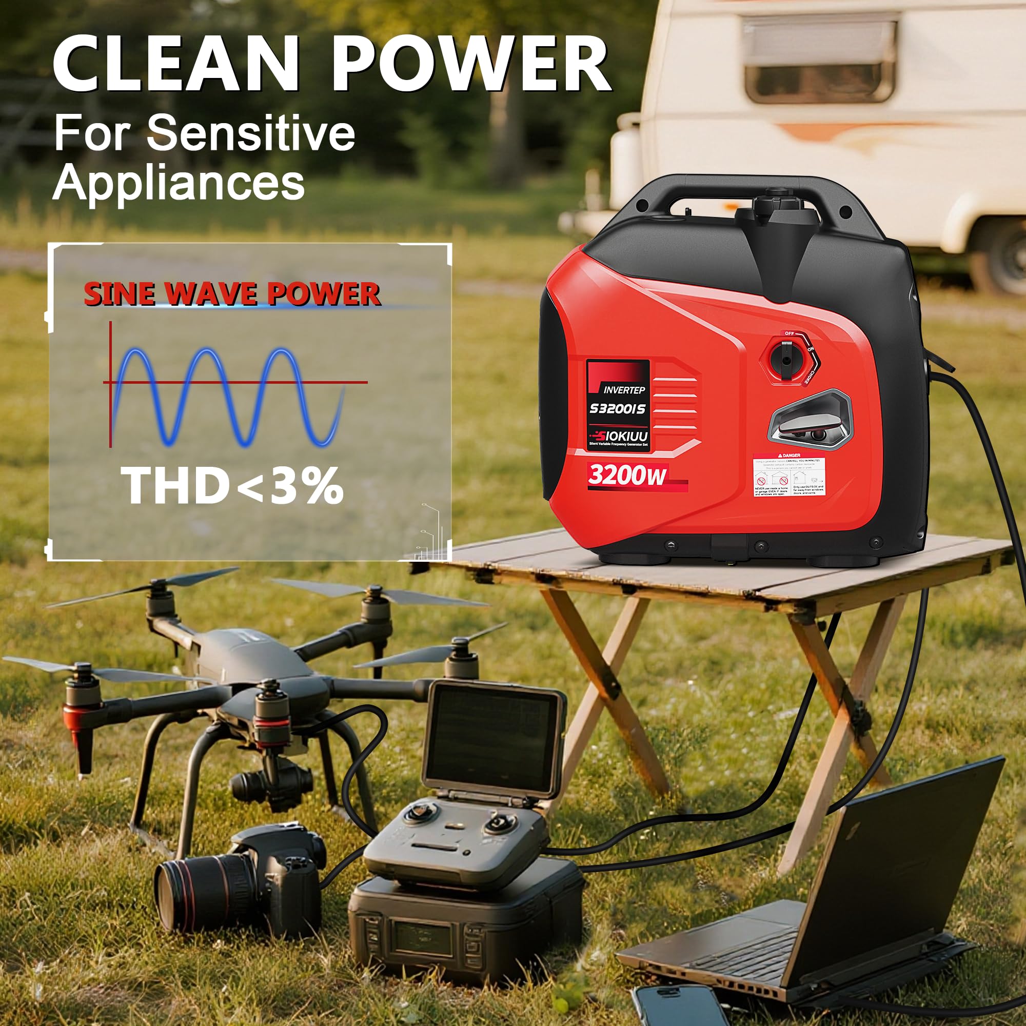 Przenośny generator 3200 W, super cichy generator inwerterowy, ultralekki, do użytku w domu, na zewnątrz, kemping, ochrona czujnika CO, EPA, tryb ECO