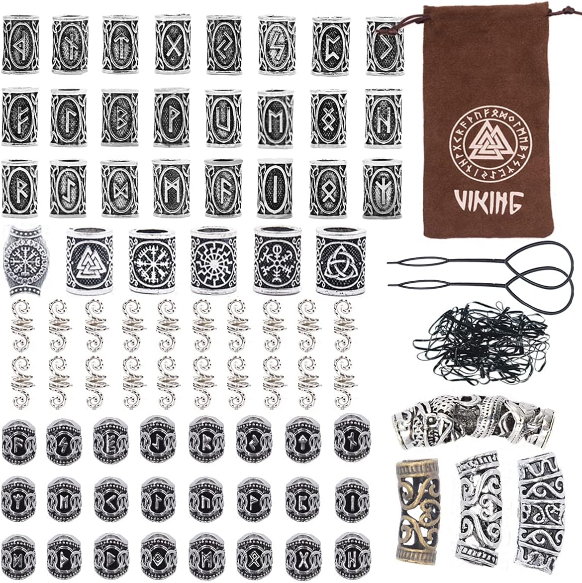 Modpion 81Pcs Hair Tube Beads Norse Vikings Runes Hair Beard Beads for Bracelets Pendant Necklace DIY,Braiding Beads for Hair Braids Viking Beads Kits(Include 2Pcs Pull Hair Pin & Viking Suede Bag)