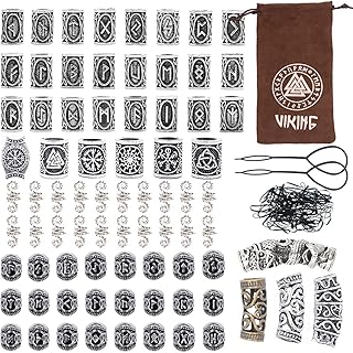 81Pcs Hair Tube Beads Norse Vikings Runes Hair Beard Beads for Bracelets Pendant Necklace DIY,Braiding Beads for Hair Braids Viking Beads Kits(Include 2Pcs Pull Hair Pin & Viking Suede Bag)