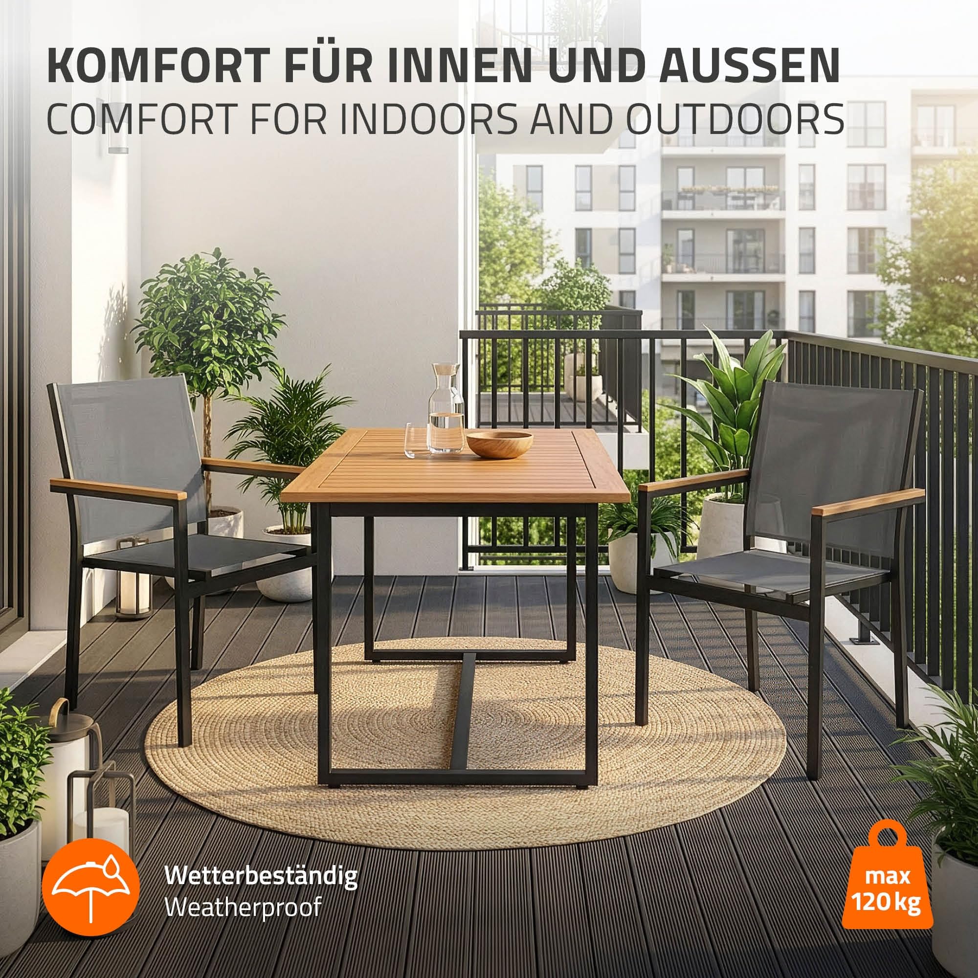 ML-Design Juego 2X Sillas de Jardín Gris Oscuro Asiento de Textilene para Terraza, Aspecto Madera y Estructura de Aluminio con Reposabrazos y Respaldo Mueble Apliable Resistente a la Intemperie