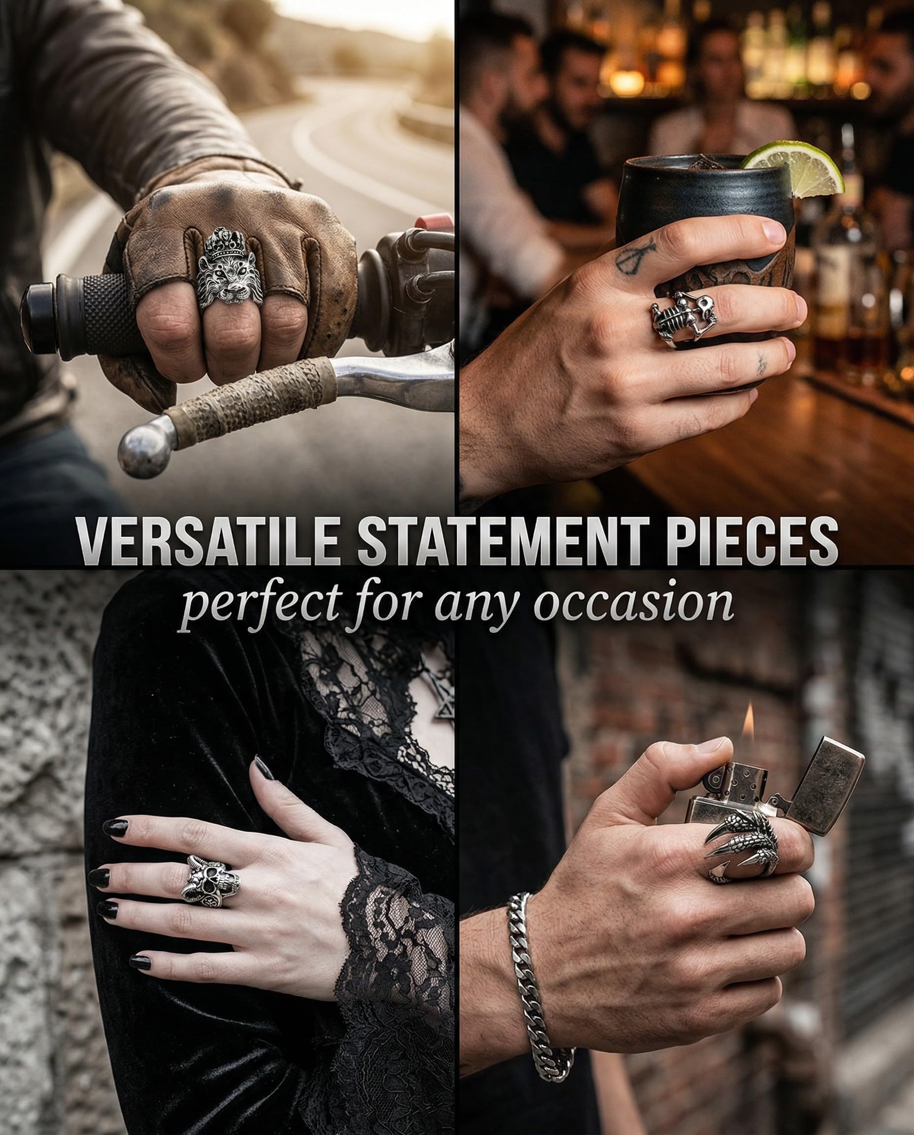 5 pezzi Anelli Uomo, Regolabili Teschio Anelli, Acciaio Inossidabile, Punk Hip Hop Skull Halloween Anello, Vintage Gotico Teschio Anello