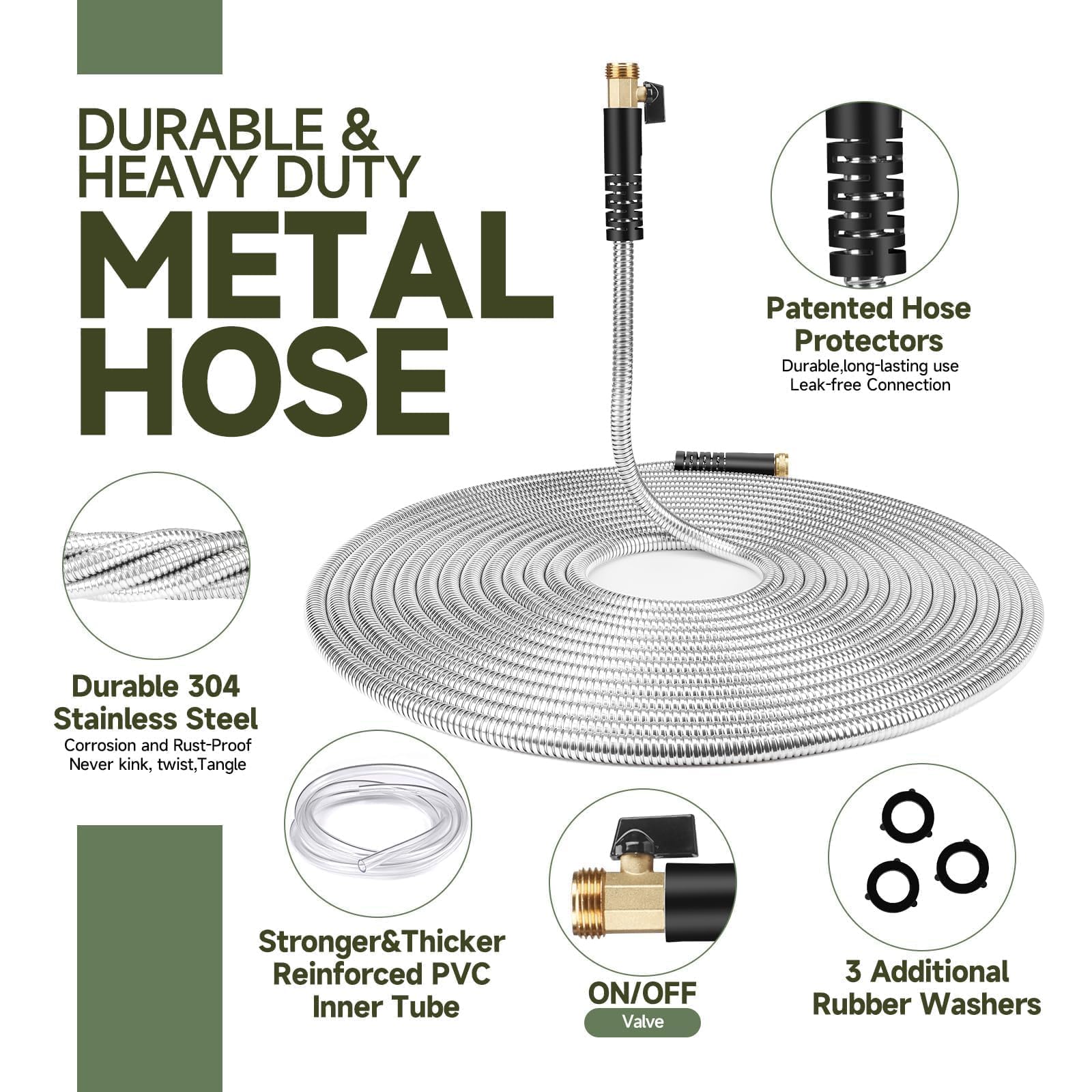 Manguera de jardín de metal flexible de acero inoxidable de 50 pies, resistente, ligera, fuerte, duradera, sin torceduras, manguera larga con boquilla de 10 funciones para patio al aire libre