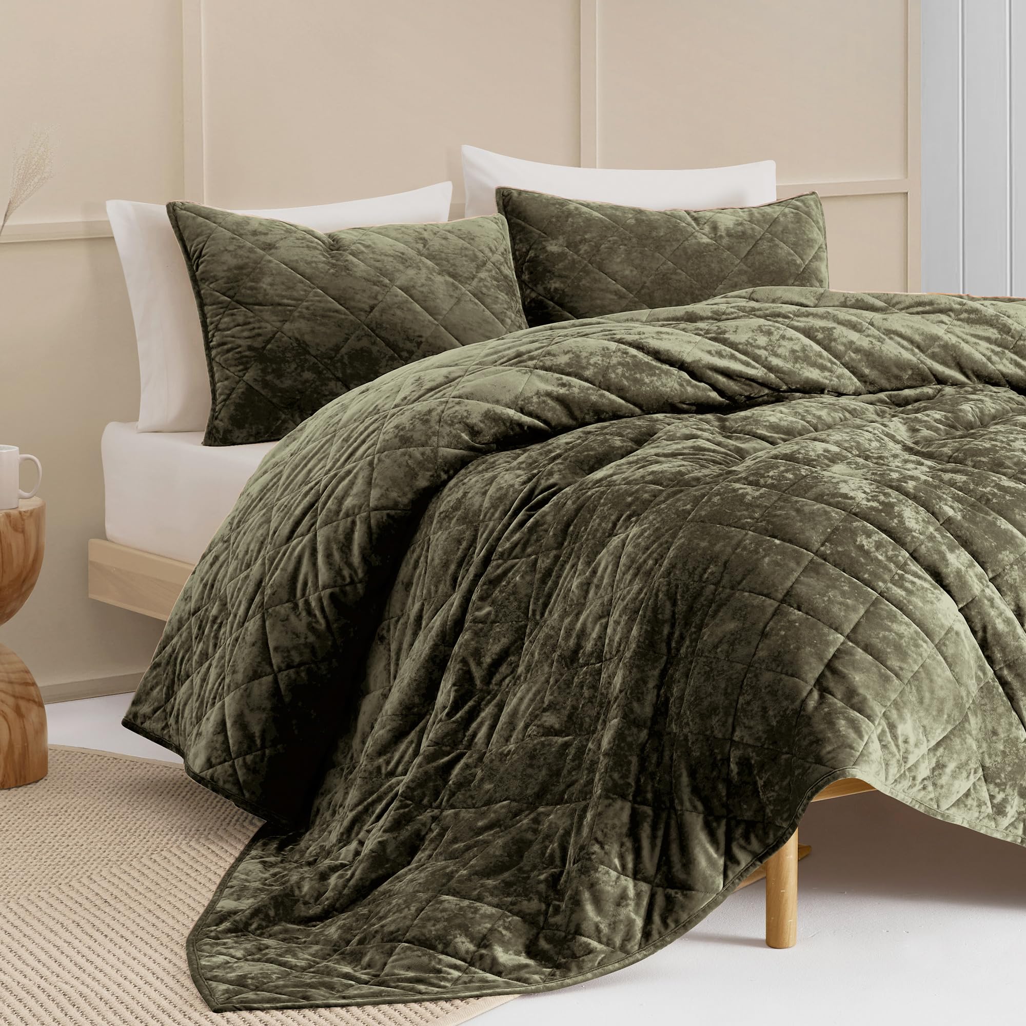 SHALALA Velvet King Size Comforter Set,King Quilt Bedding Set,Lightweight Comforters,Luxury Diamond Quilting Bedspread and Coverlet for All Season(Army Green,King)