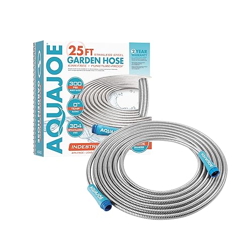 Aqua Joe AJSGH25-P2 Manguera de jardín de metal resistente a prueba de pinchazos sin torceduras 25 pies acero inoxidable 304 construcción en espiral