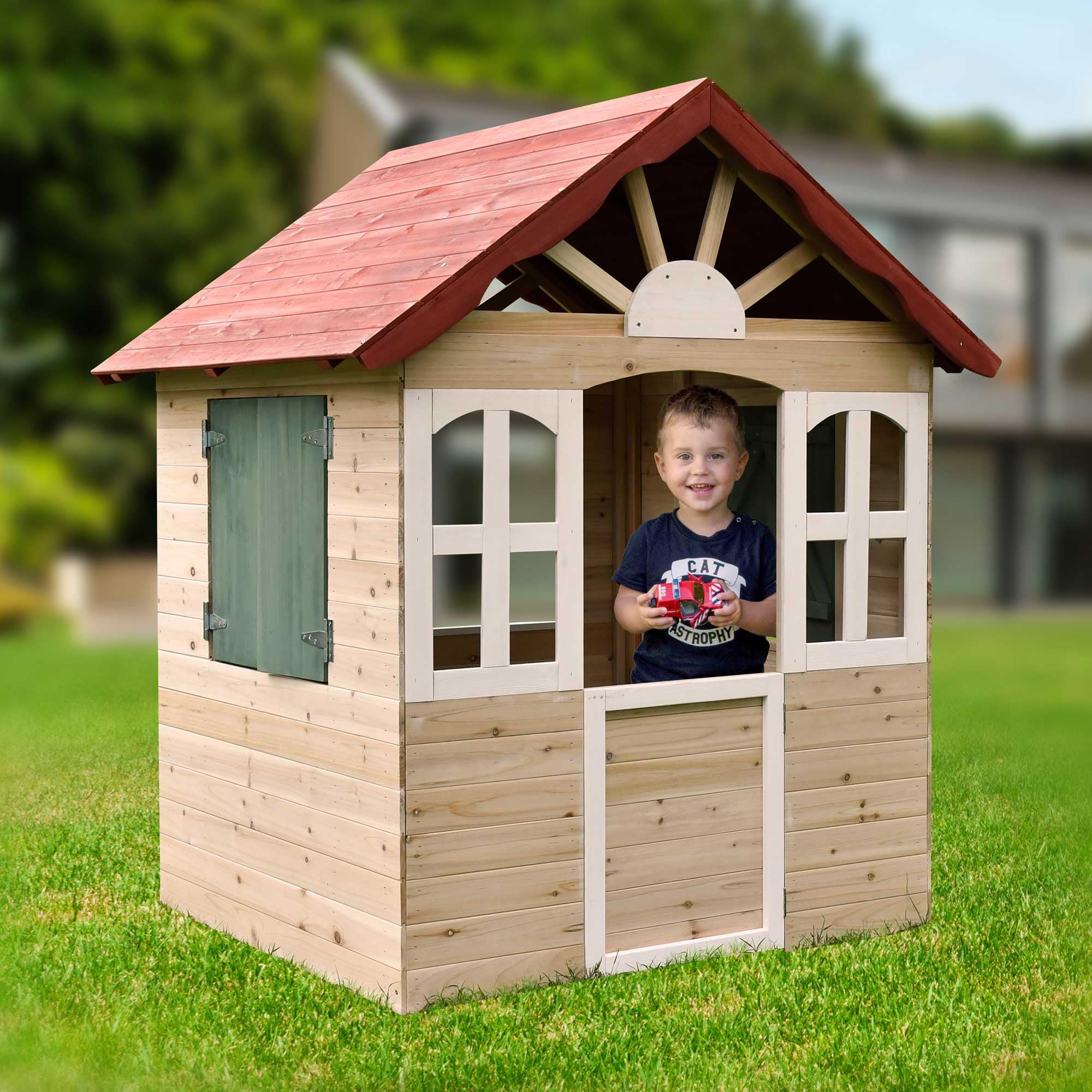dobar® Kinder-Spielhaus aus Holz mit Fenster und Türen - Spielhaus Outdoor Bausatz mit einfachem Aufbau - Kinderhaus für Garten - Rot - 115 x 102 x 125 cm