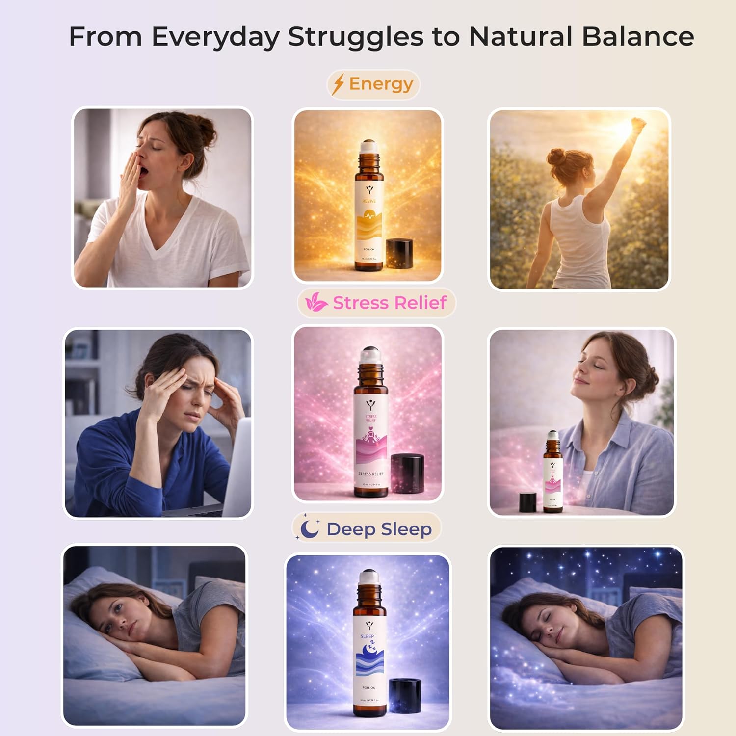 Essential Oil Roll On Set (3 Pack) – Sleep, Stress Relief & Revive Aromatherapy Rollers – Pre-Diluted Travel Size Blends for Relaxation & Bedtime – Wellness Gift for Women