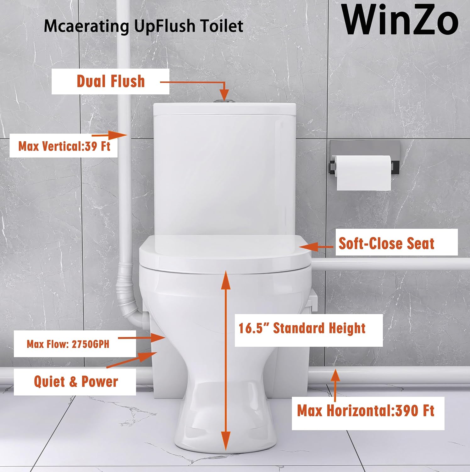 WinZo Macerating Toilet System with 900W Sewage Pump Dual Flush One Piece Modern Design For Basement Bathroom,4 Inlets,White