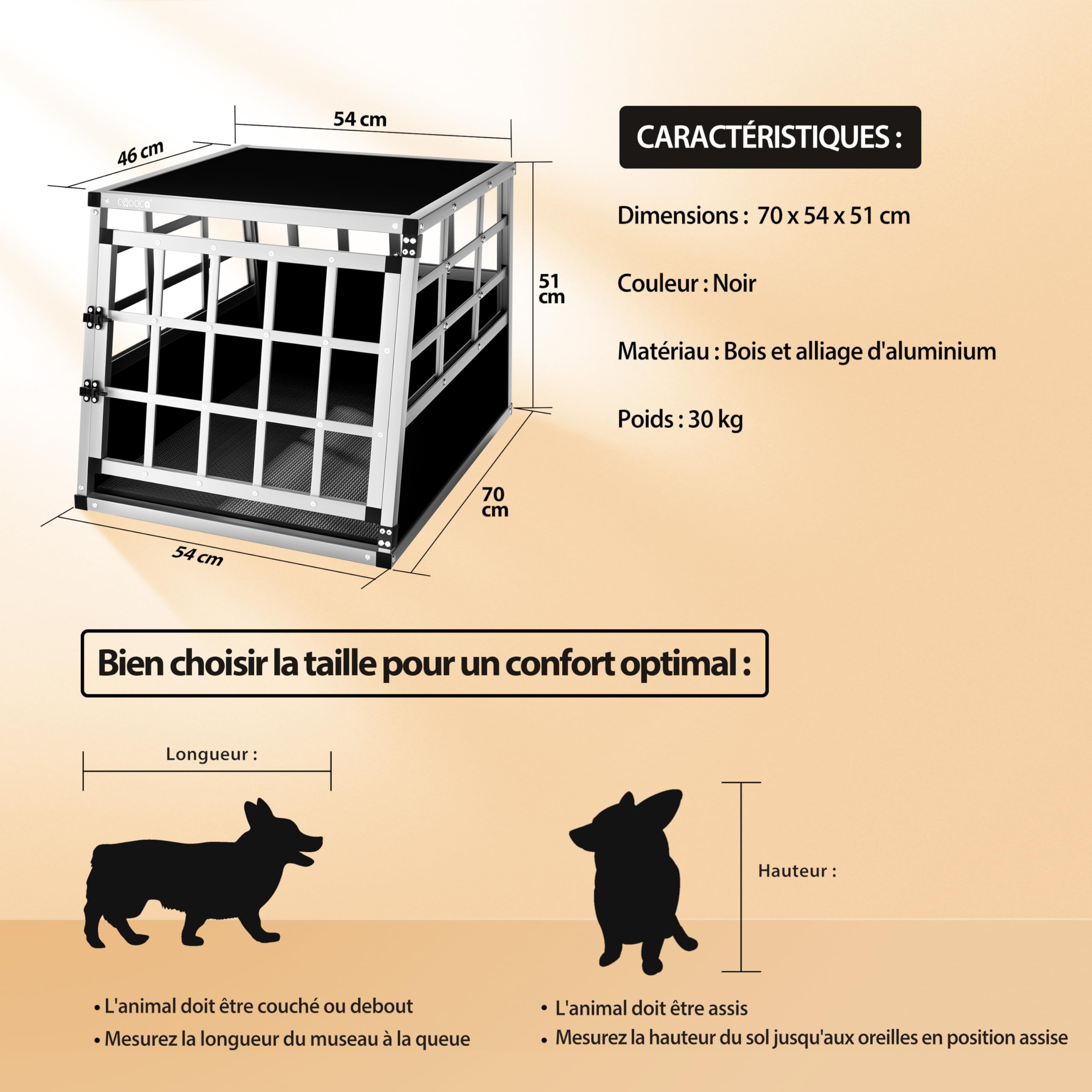 CADOCA® Cage de Transport M pour Animaux Aluminium MDF Noir Argent Caisse Chien boîte Box de Transport Voiture