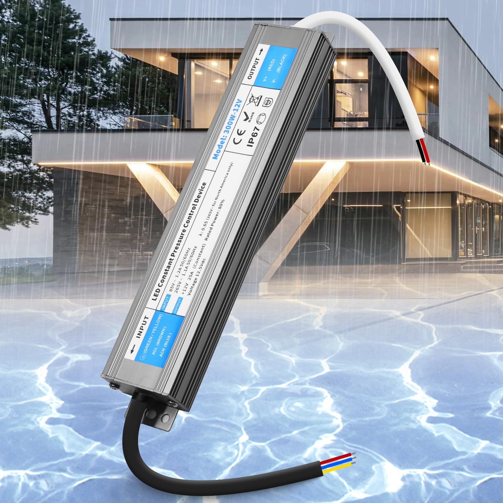SUCIKORIO 12V 300W LED Driver Waterproof IP67, Ultra Slim LED Transformer 240V AC to 12V DC 25A 300 Watt Quiet Low Volt Converter LEDs Power Supply Constant Voltage For LEDs Strip, Indoor & Outdoor