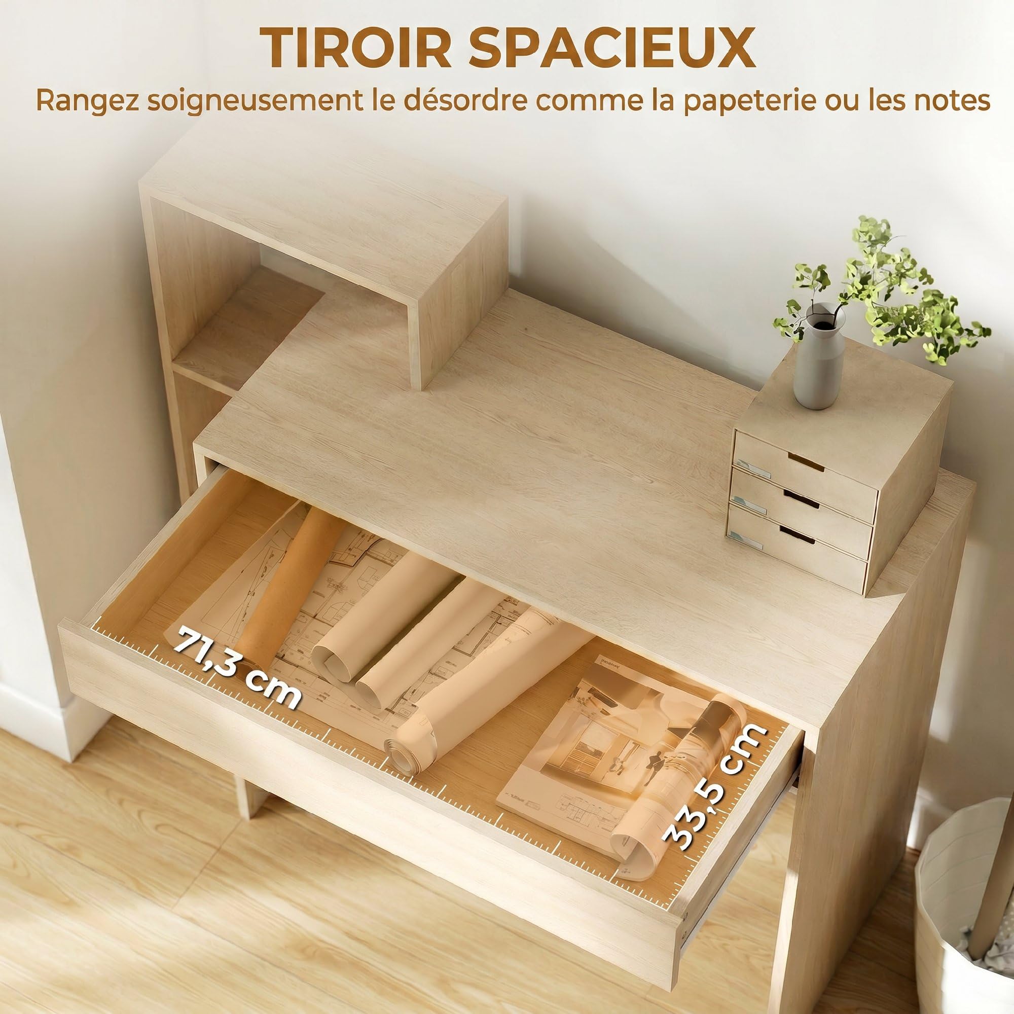 HOMCOM Escritorio PC con Almacenamiento, 100x40x90cm, Natural | con 3 estantes, cajón, estación de trabajo, Escritorio de computadora para teletrabajo, sala de estar