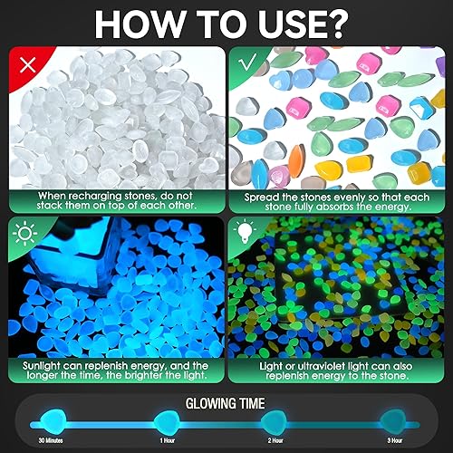 Miniatura 4 de Rocas que brillan en la oscuridad, 1000 piezas de rocas que brillan en la decoración de jardín al aire libre, guijarros, forma de gema, piedras