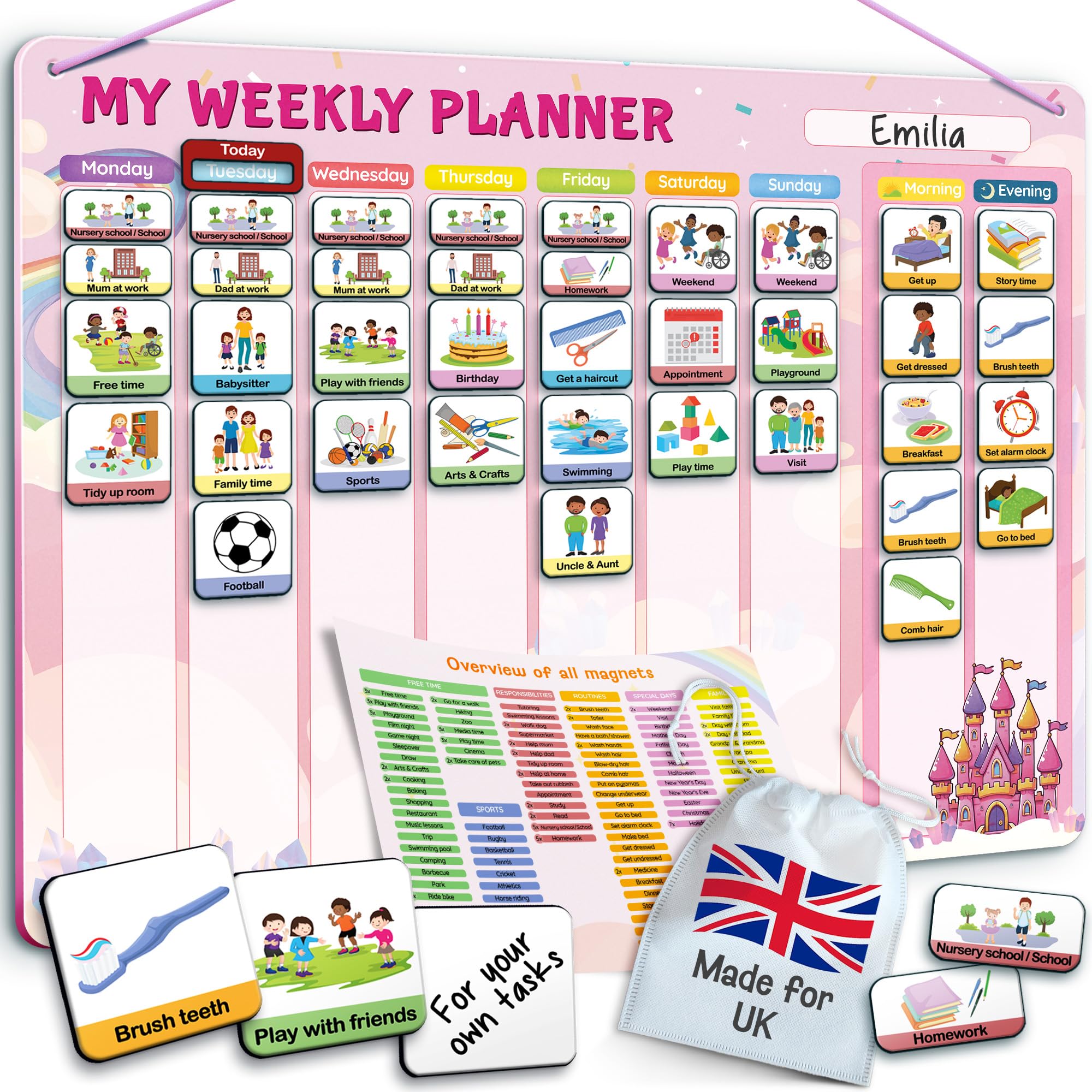 LIKARTO Visual Timetable for Kids - 2-in-1 Weekly + Daily Schedule - Magnetic Timetable with 194 Magnets and Magnetic Backing - Morning Routine Chart - Now and Next Board Autism - ADHD Aids - Pink