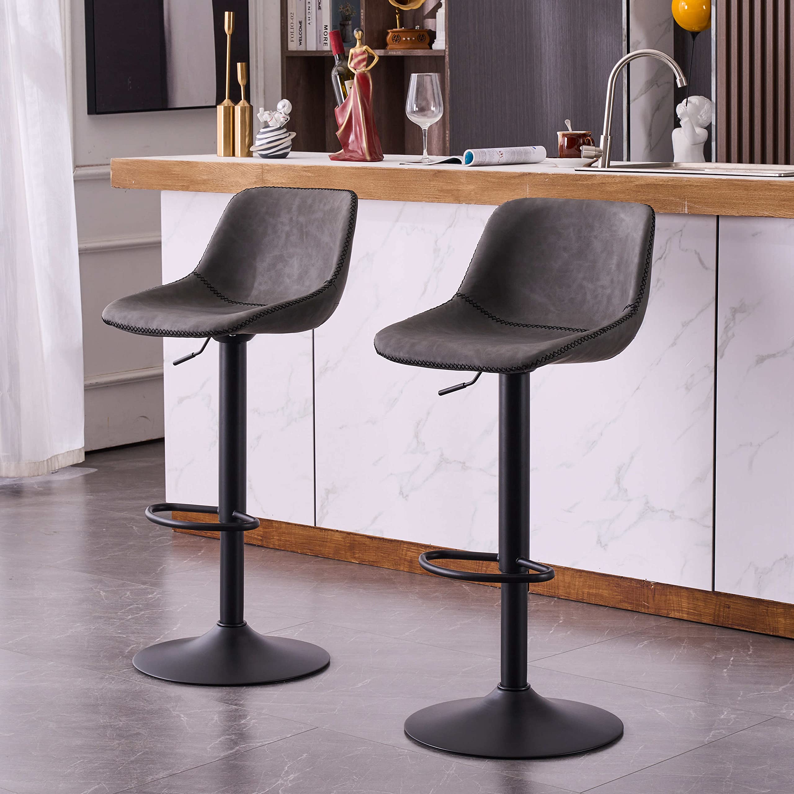 Kidol & Shellder Bar Stools Set of 2 Grey,Adjustable Swivel Vintage Bar Chairs,PU Padded Counter Stools,8 Mins Quick Assembly,Loads up to 300lbs