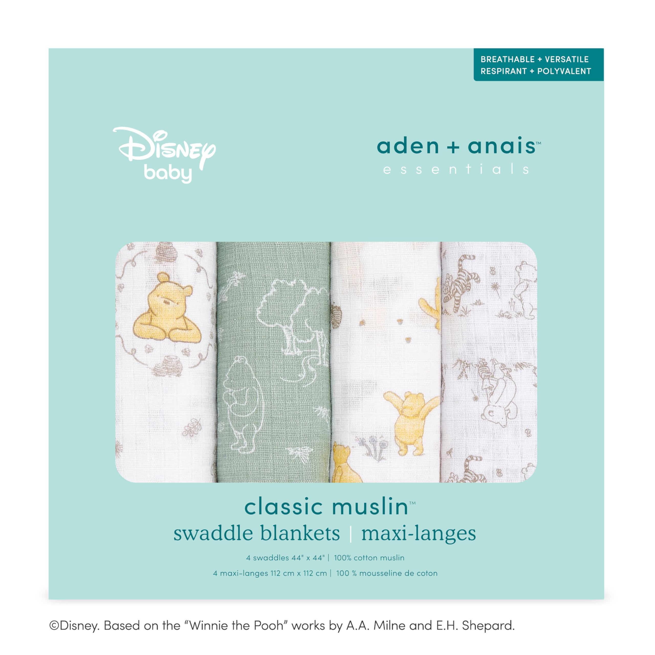 aden + anais essentials(エイデンアンドアネイエッセンシャルズ)日本正規品 ディズニー Winnie + Friends モスリンコットン スワドル おくるみ 4枚セット 新生児 ガーゼ 出産祝い ギフトSWADAEDESWC40008DIJB