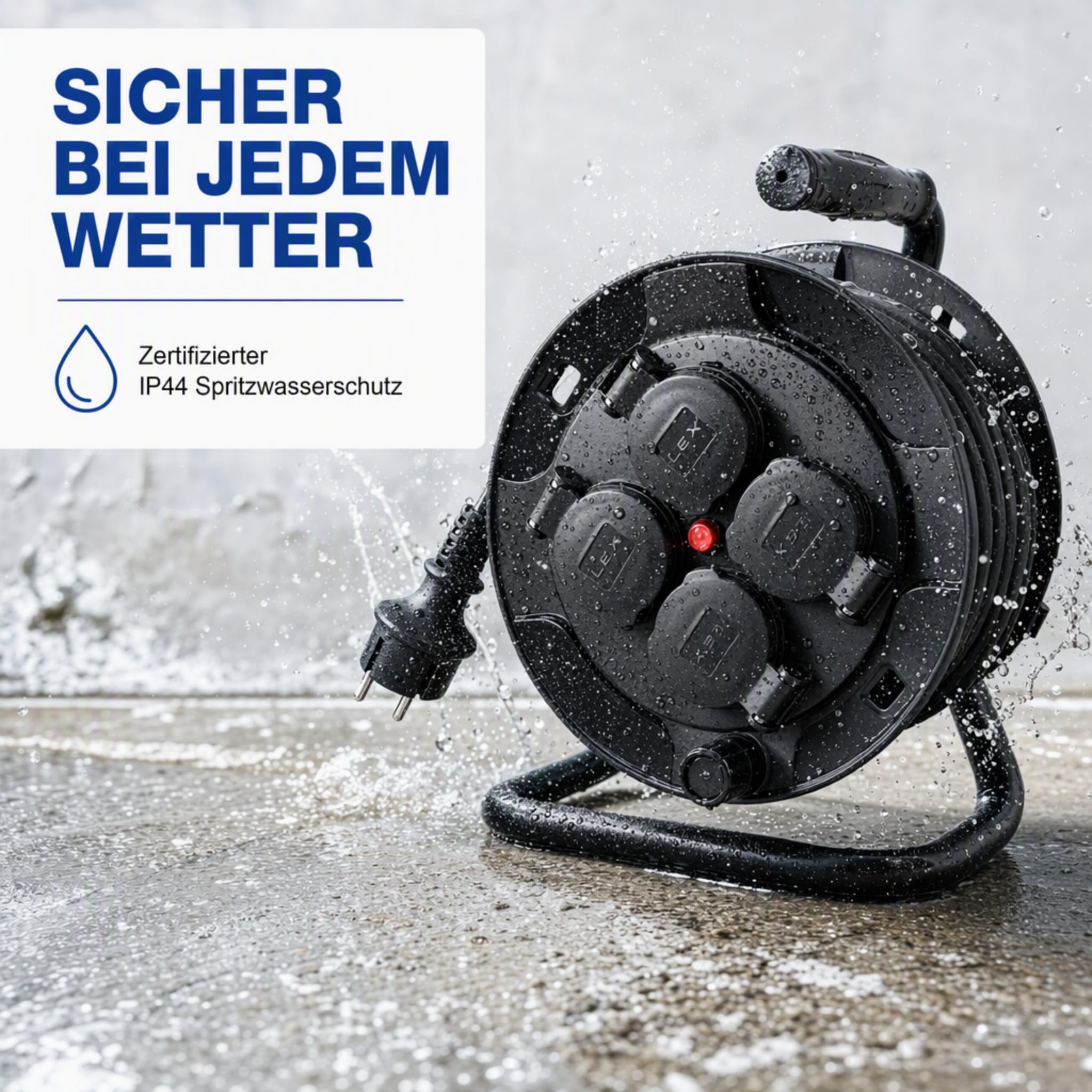 LEX Profi Kabeltrommel 40m IP44 - Outdoor Verlängerungskabel, 4 Steckdosen | Spritzwassergeschütztes 3 x 1,5 mm Stromkabel, robuster Metallständer mit Haltegriff & drehbare Kurbel für leichtes Aufrollen