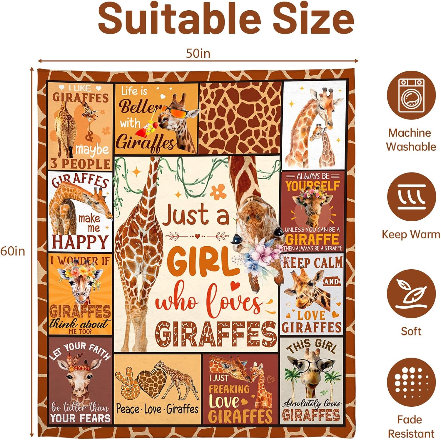 Giraffe Gifts Blanket for Giraffe Lovers Women Mom Girls Kids Cute Funny Themed Decor Bedroom Living Room Home Plush Flannel Throws Presents Kids Adults Birthday Christmas Valentine 50" x 60" - Image 5