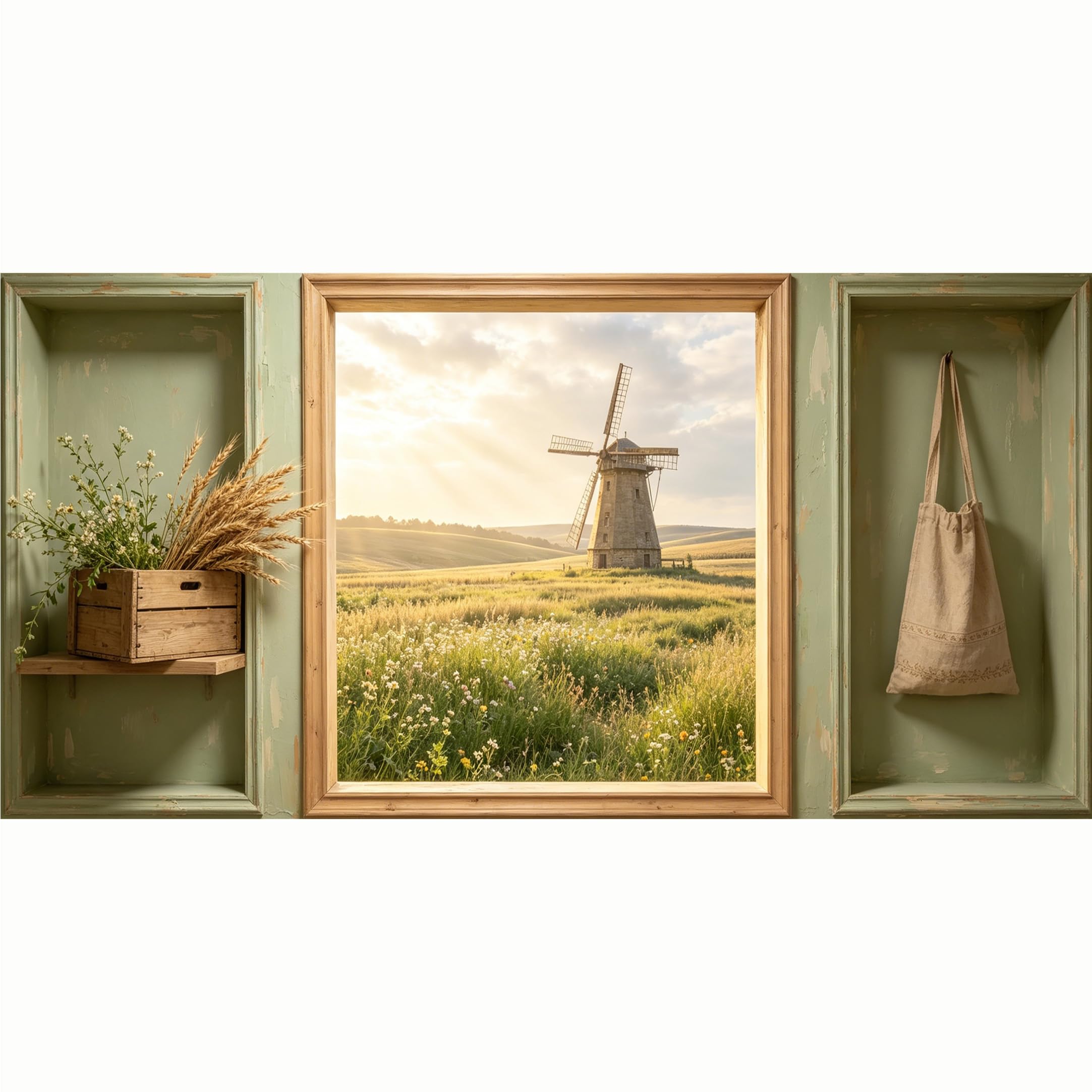 QZLITHOTIC 50x100cm 3D Framed Wall Art， Farmhouse Countryside Windmill Landscape Field Mural， Water‑Activated Peel & Stick Fabric Decor Wall Decal for Bedroom Living Room