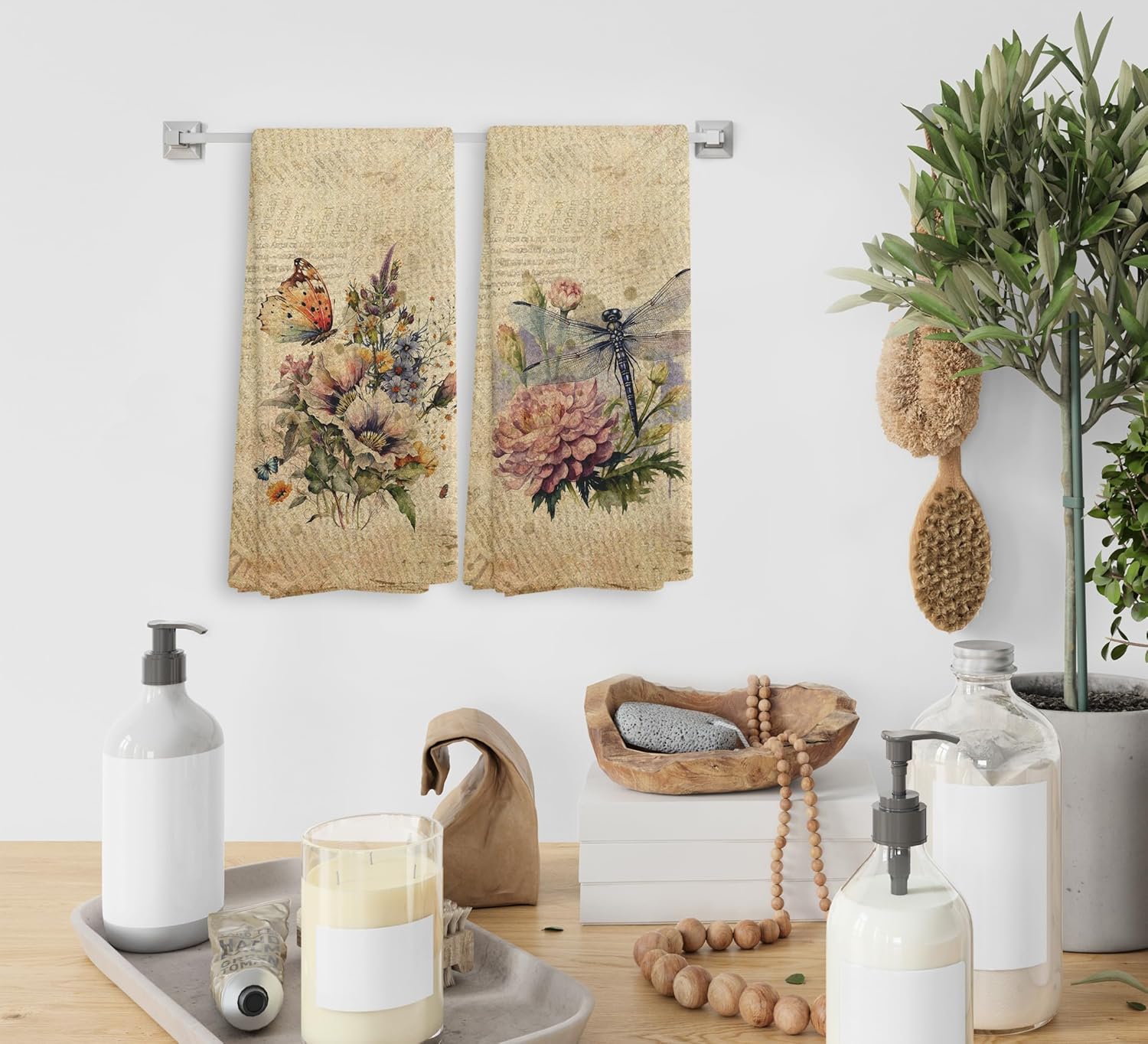 Vintage Dragonfly Kitchen Towels and Dishcloths Set of 2, Butterfly Dragonfly Decor, Floral Wildflower Kitchen Dish Tea Hand Towels, Retro Butterfly Hand Towels for Bathroom, 16×24 Inches - Image 4