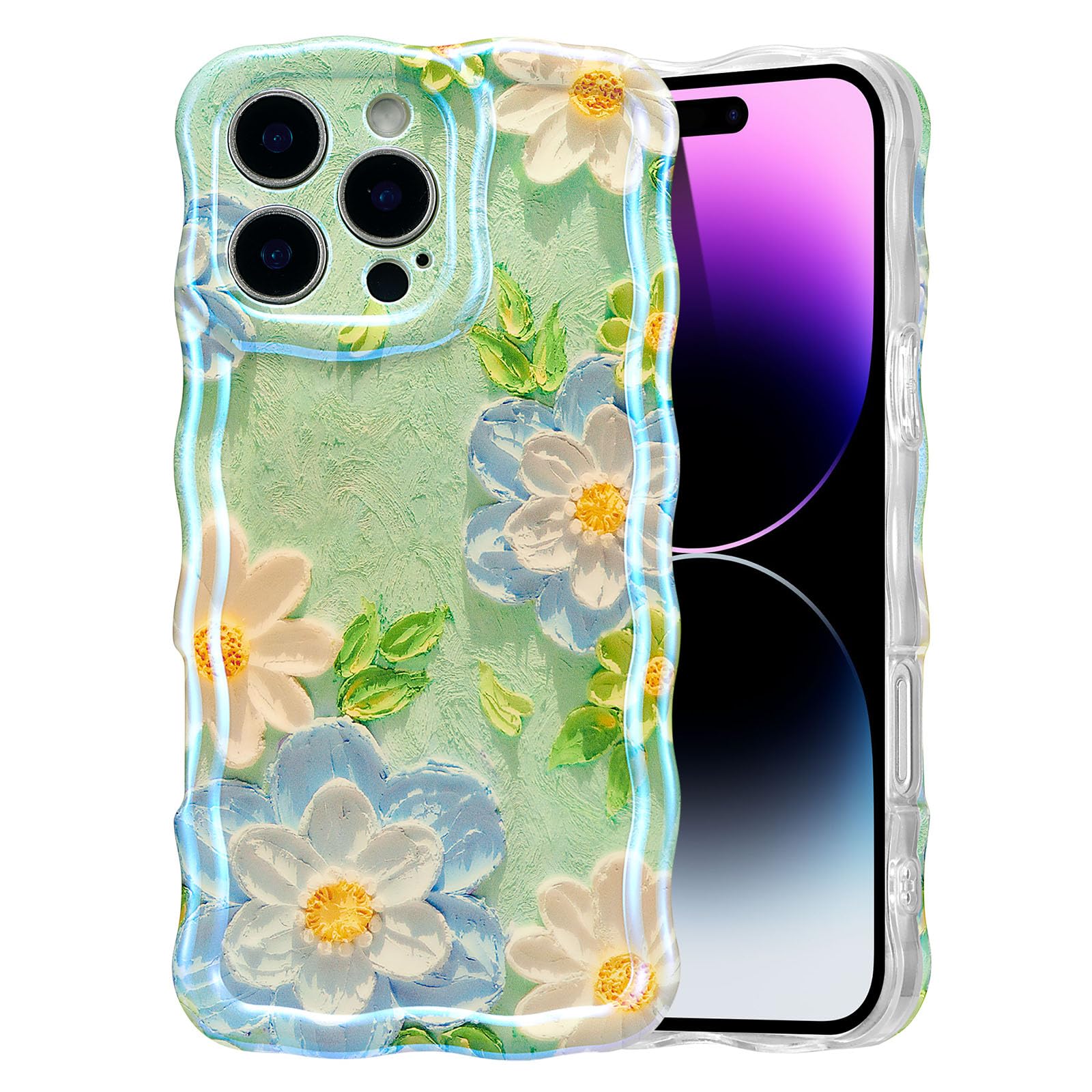 EYZUTAK Case for iPhone 15, Colorful Retro Oil Painting Flower Laser Beam Glossy Pattern Cute Curly Waves Border Exquisite Phone Cover Stylish Durable Soft TPU Protective Case for Girls Women - Green — view 13