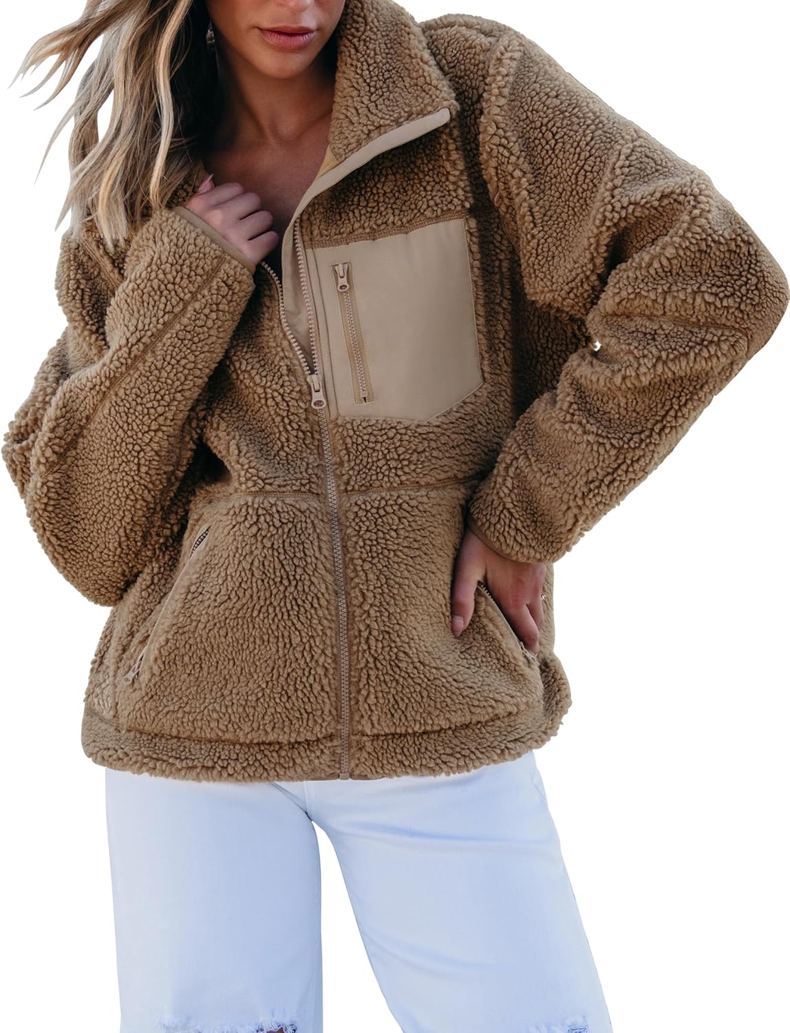 luvamia Sherpa Jackets for Women Trendy Zip Up Long Sleeve Winter Fall Casual Warm Fleece Coat Jackets with Pockets