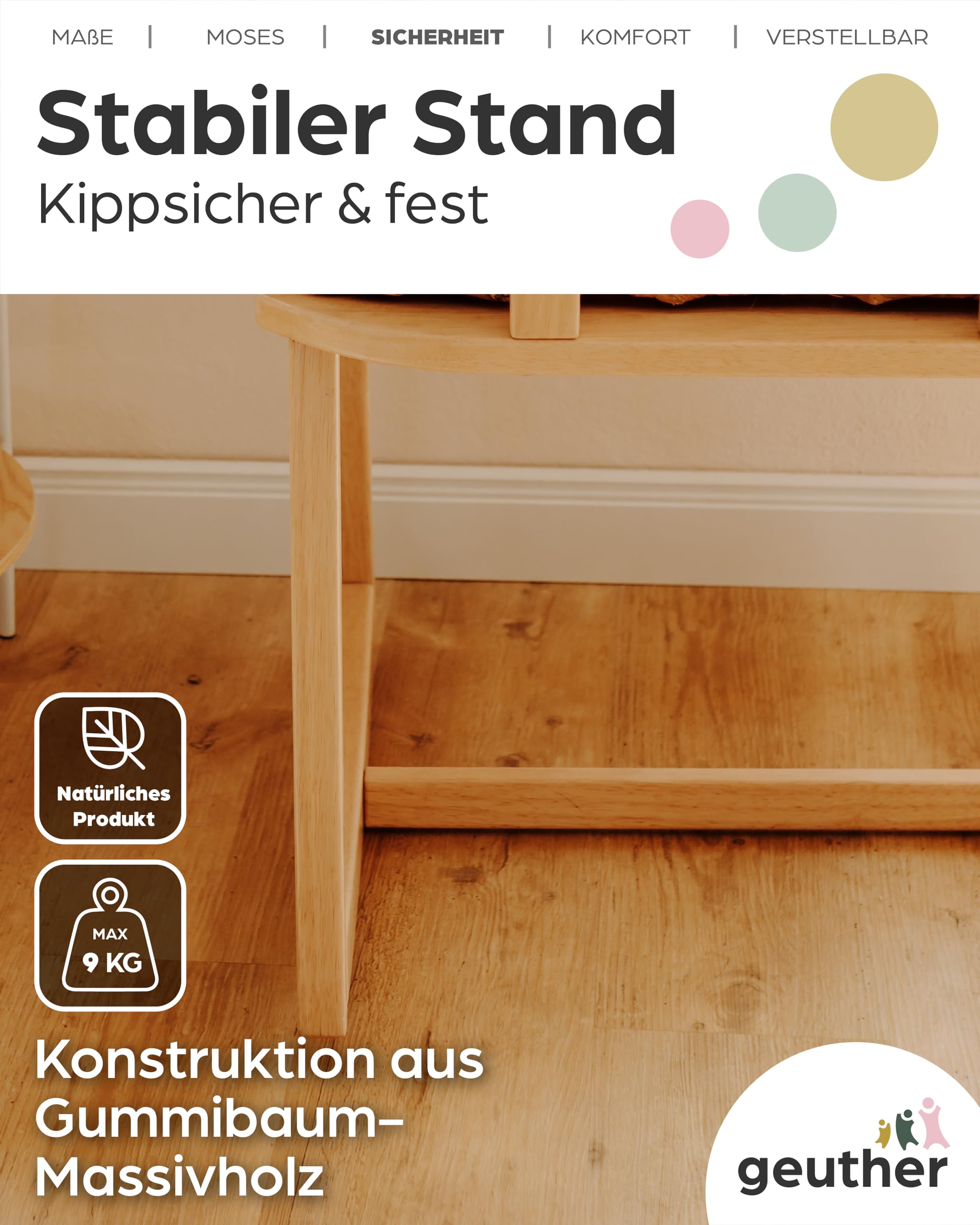 Geuther Untergestell für Moseskorb Baby | Stubenwagen mit Schaukelfunktion für Geuther Babynestchen, Baby Beistellbett | aus nachhaltigem & massivem Gummibaumholz, Baby Bett Gestell, naturfarben