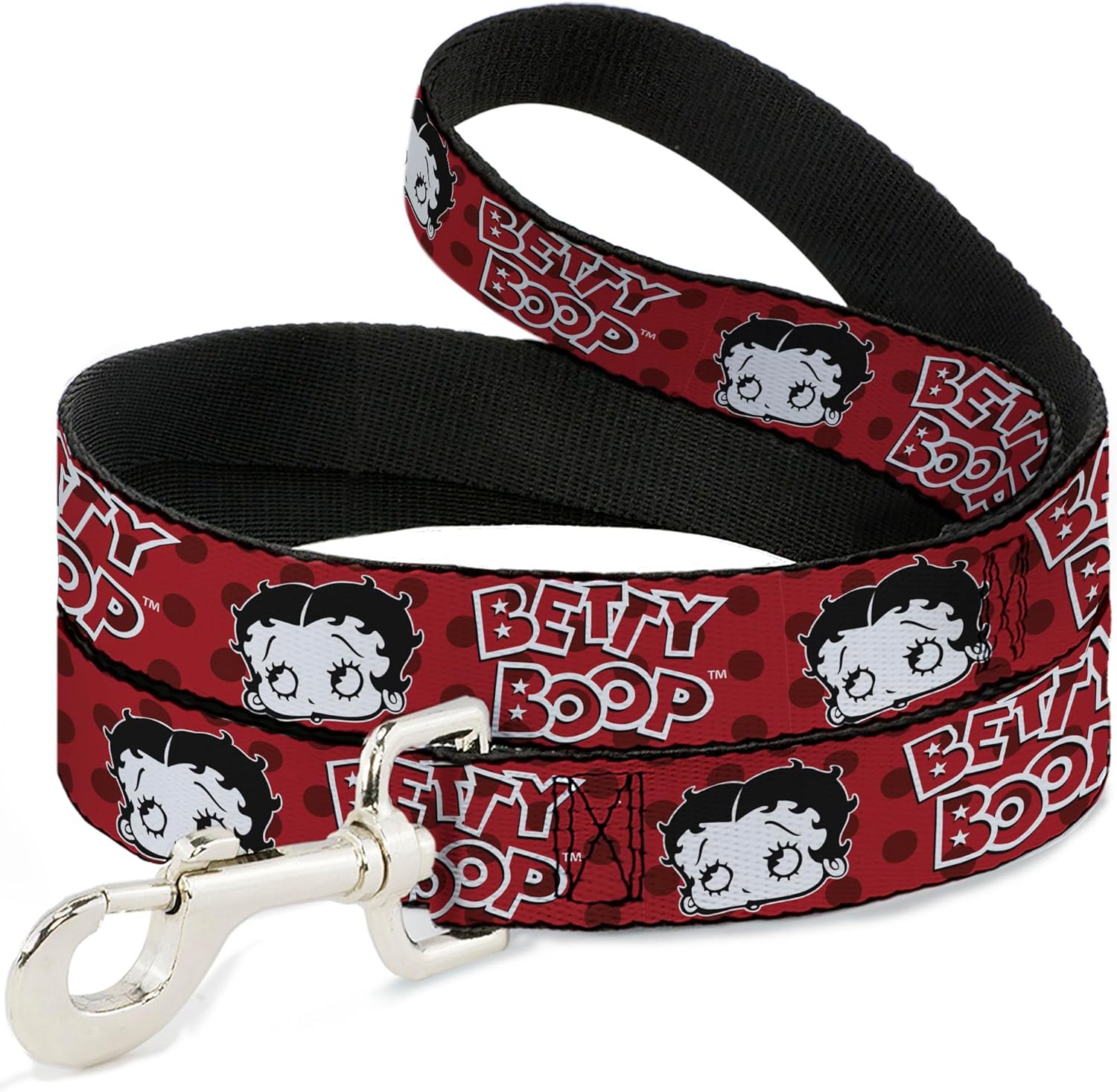 Fleischer Studios, Inc. Pet Leash, Dog Leash, Betty Boop Face and Text Polka Dot Reds Black White, 6 Feet Long 1.5 Inch Wide