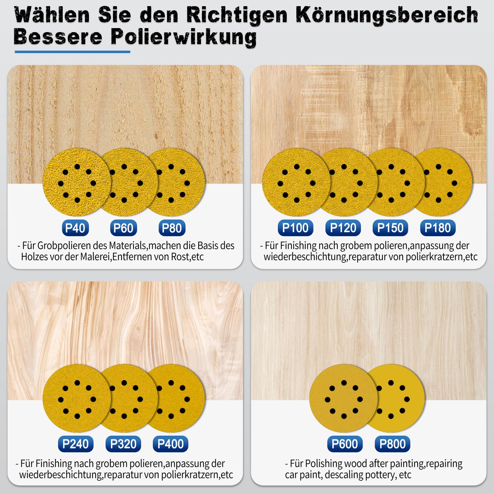 Lot De 100 Feuilles Abrasives Rondes De 125 Mm - 8 Trous