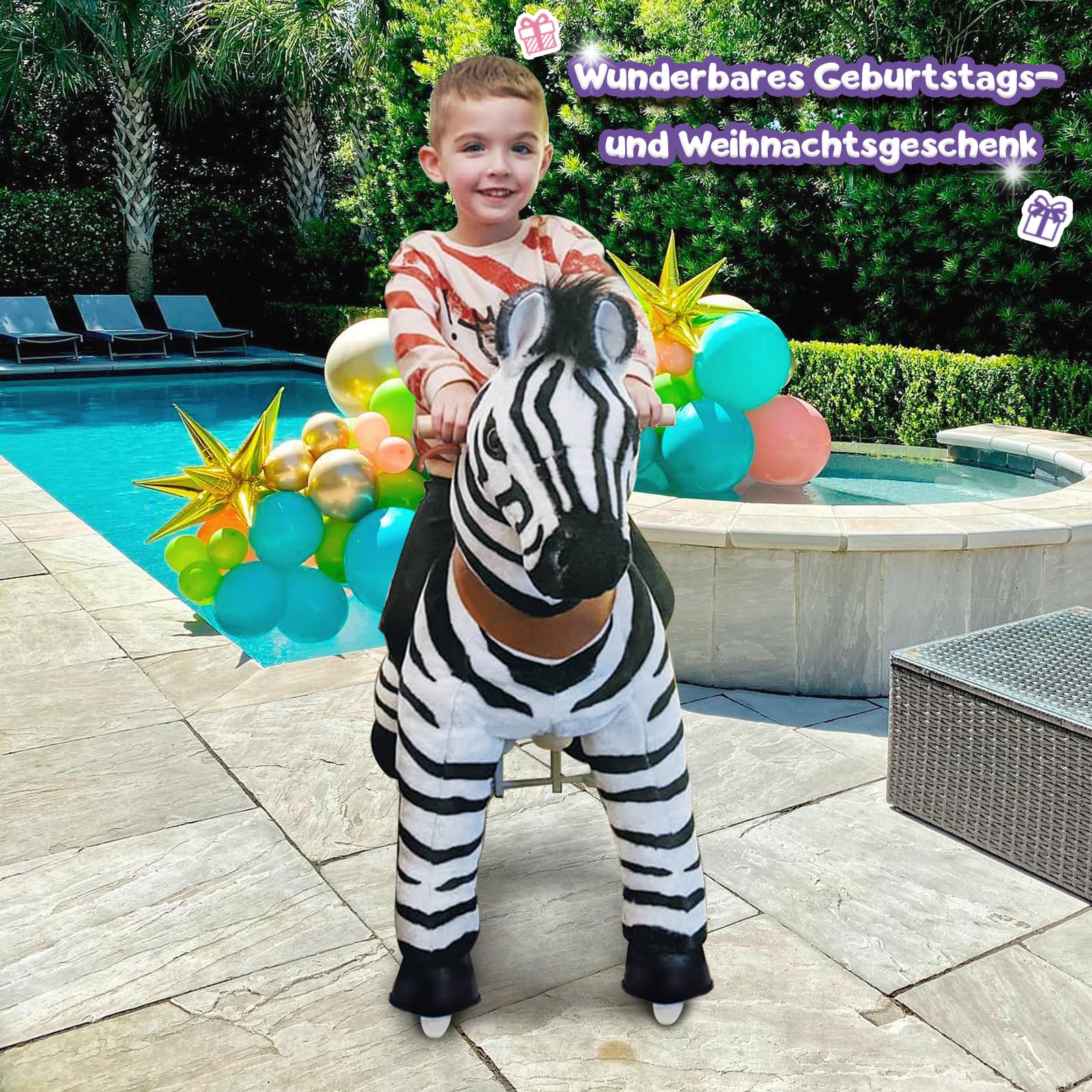 PonyCycle® Zebra Schaukelpferd | für Kinder 3–4 Jahre, 76cm | Plüsch Zebra Reitpferd mit Handbremse | Zebra auf Rollen, Schaukeltier, Kindergeburtstag | Klassisches Modell U – Ux368