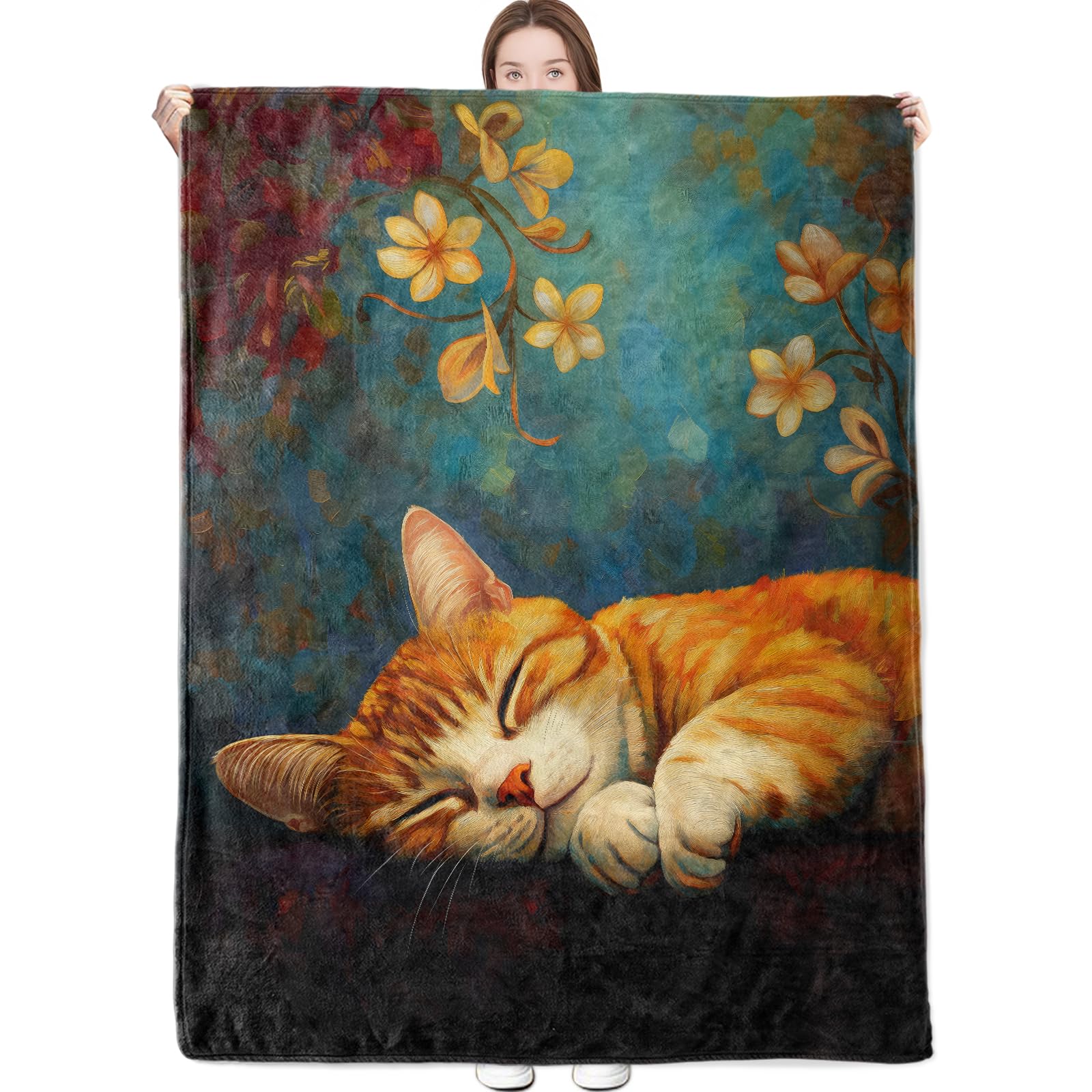 dongprom Sleeping Cat Blanket Peaceful Orange Tabby and Floral Artwork Throw Blankets Lightweight Flannel Throws for Camping Couch Chair Office Bed