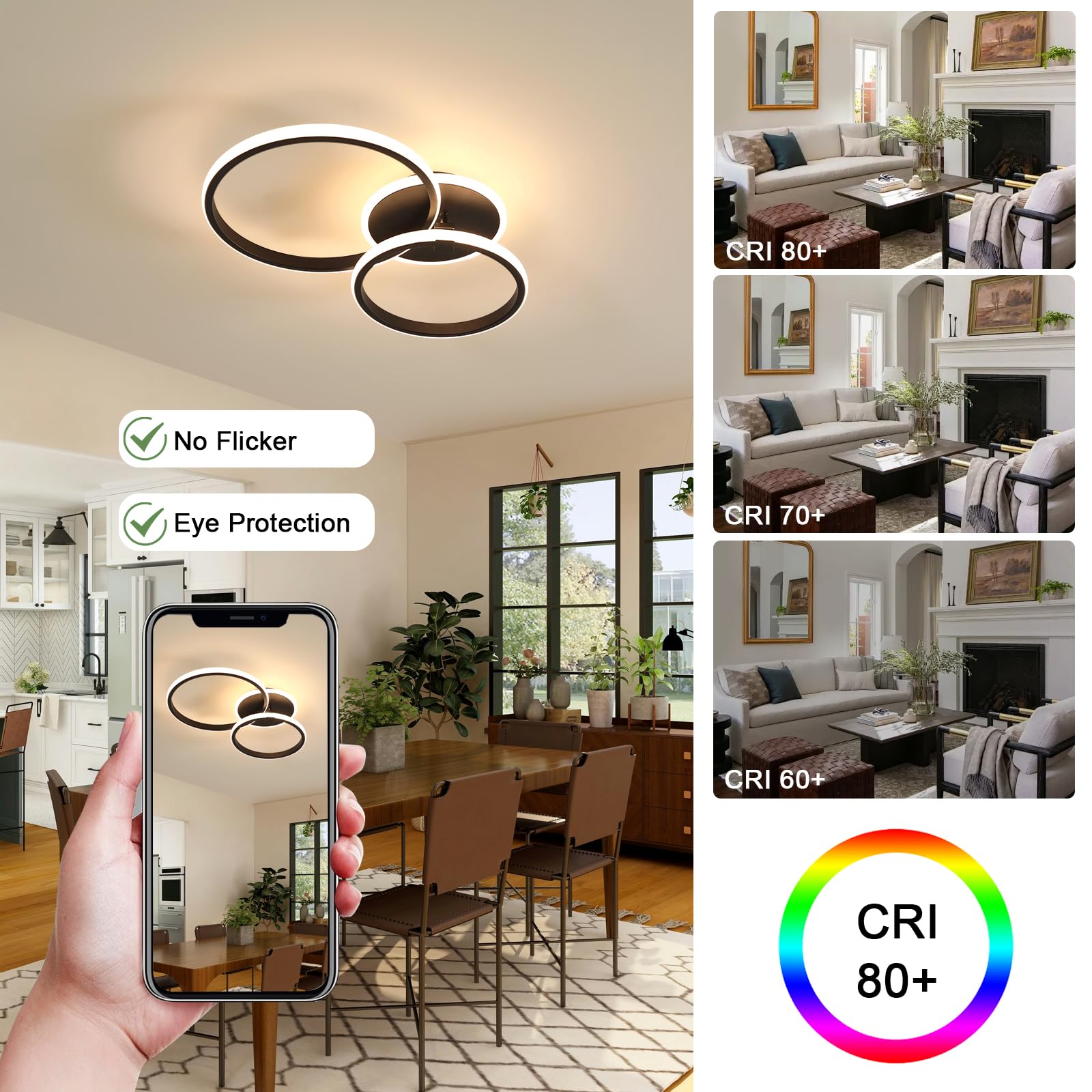 Comely Plafon LED Ściemnialny Z Pilotem/Aplikacją, 42W Nowoczesna Lampa Sufitowa 3000K-6500K, Okrągła Oprawa Sufitowa Do Salonu, Sypialni, Kuchni, Korytarza (Czarny)