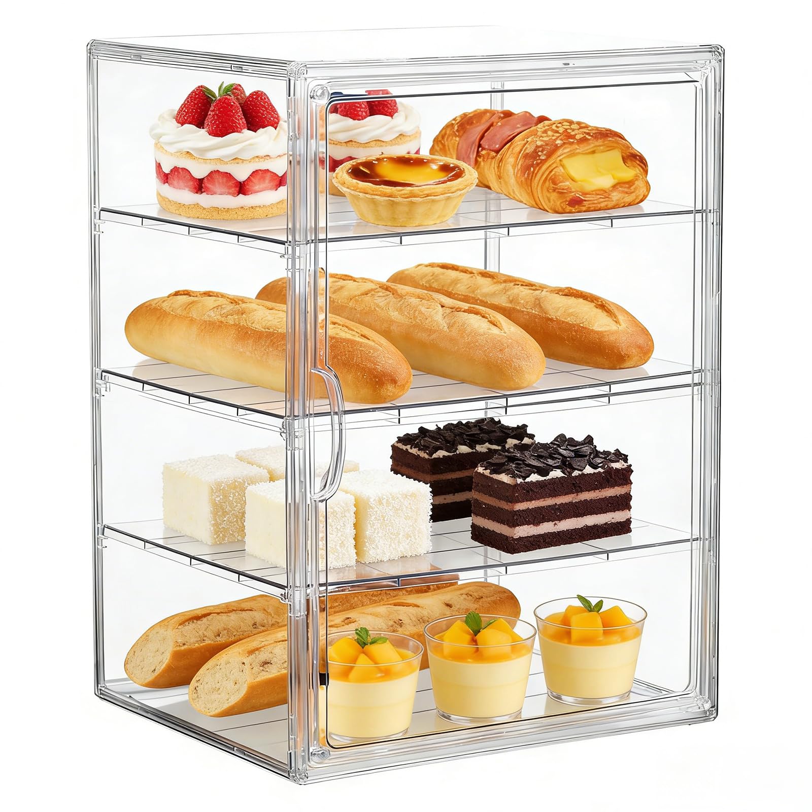 Guiwuiyu Pastrys Display Case, Transparent Cake Display Cabinet, 4 Tier Adjustable Bread Storage Containers with Magnetic Door, Acrylic Bakery Display Cabinets for Breads Dessert Cookie Baking
