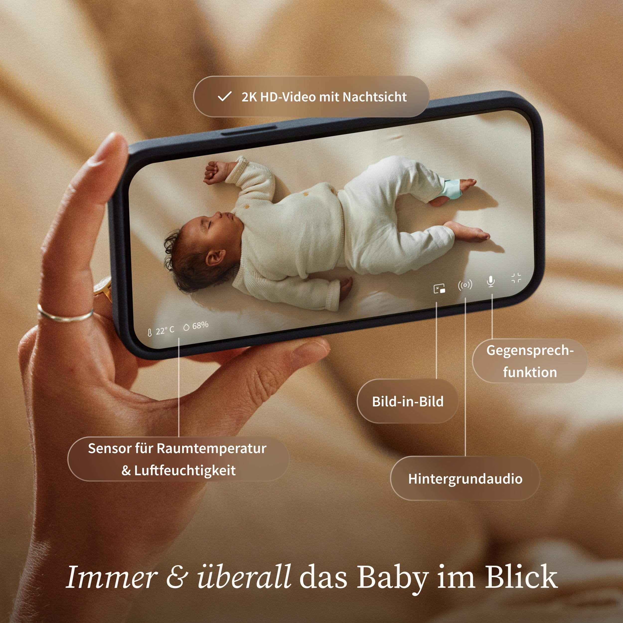 Owlet Dream Sight™ – Smart HD Babyphone mit 2K-Kamera | Sichere WLAN-Verbindung, Nachtsicht, Weinen-/Bewegungs-/Geräuscherkennung, Temperatur- Luftfeuchtigkeitsüberwachung