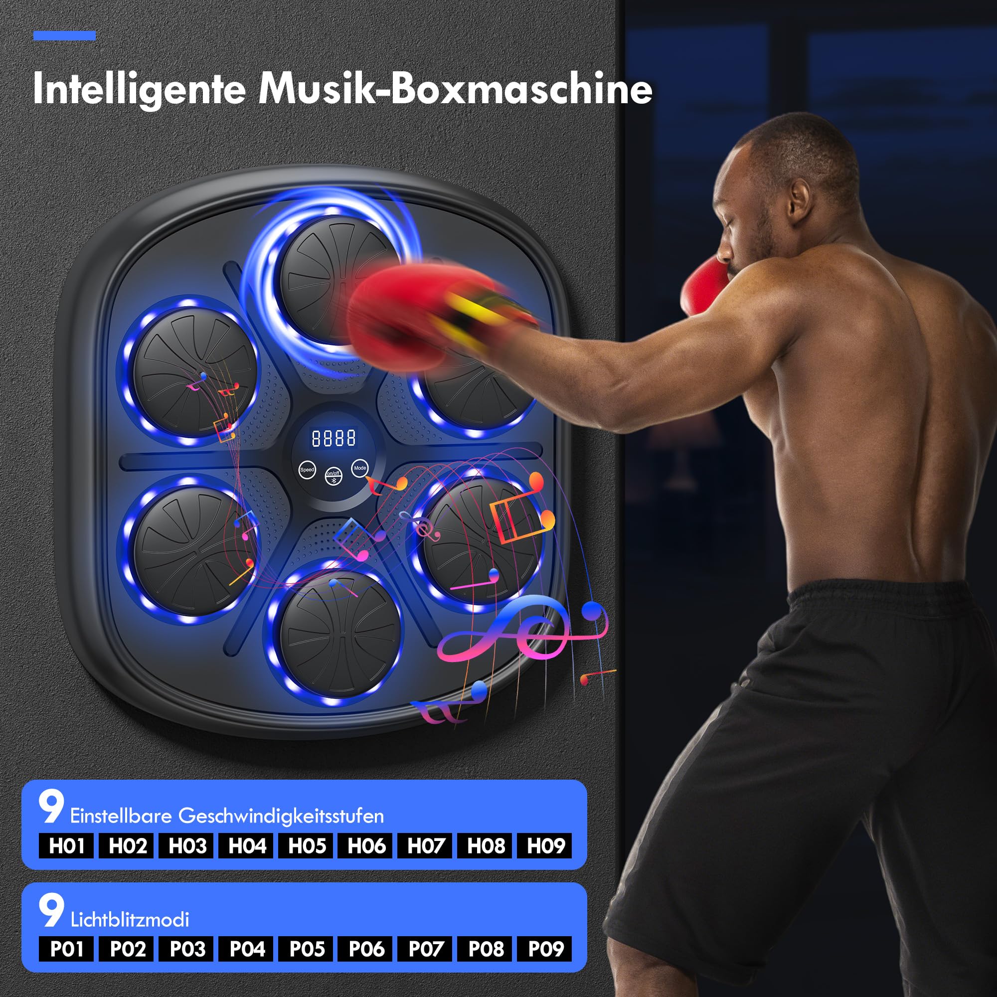 Music Boxing Machine für Erwachsene, Bluetooth Musik Box Maschine mit LED Licht, Boxhandschuhen mit 9 Geschwindigkeitsmodi und Zählmodus, Elektronische Boxmaschine für Kinder und Erwachsene