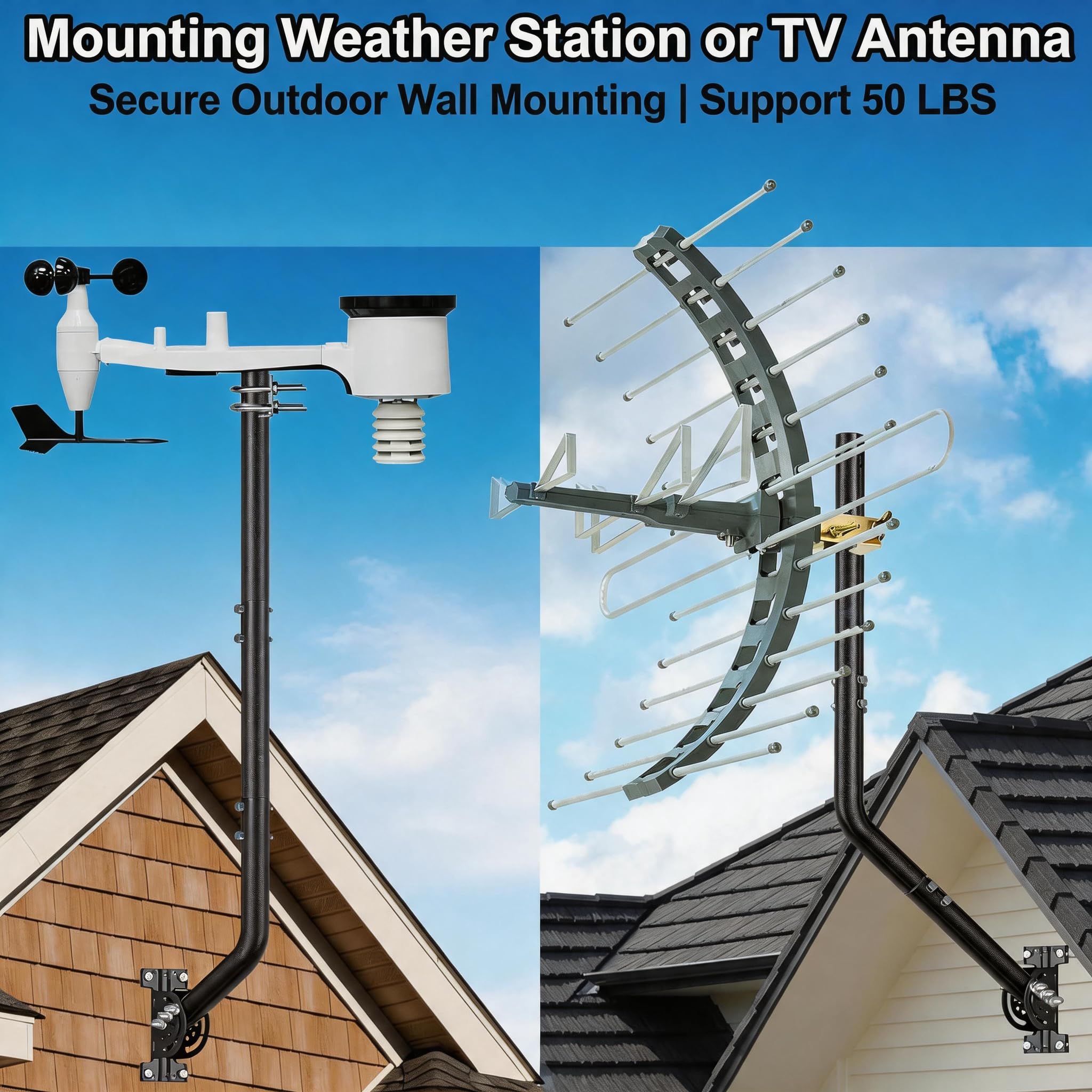 Uchwyt ścienny do anteny do dużych obciążeń, 53" – wspornik masztu J-Pole z żelaza z powłoką proszkową do Starlink (wymagany adapter), anteny telewizyjne, stacje pogodowe – średnica zewnętrzna 1,38"