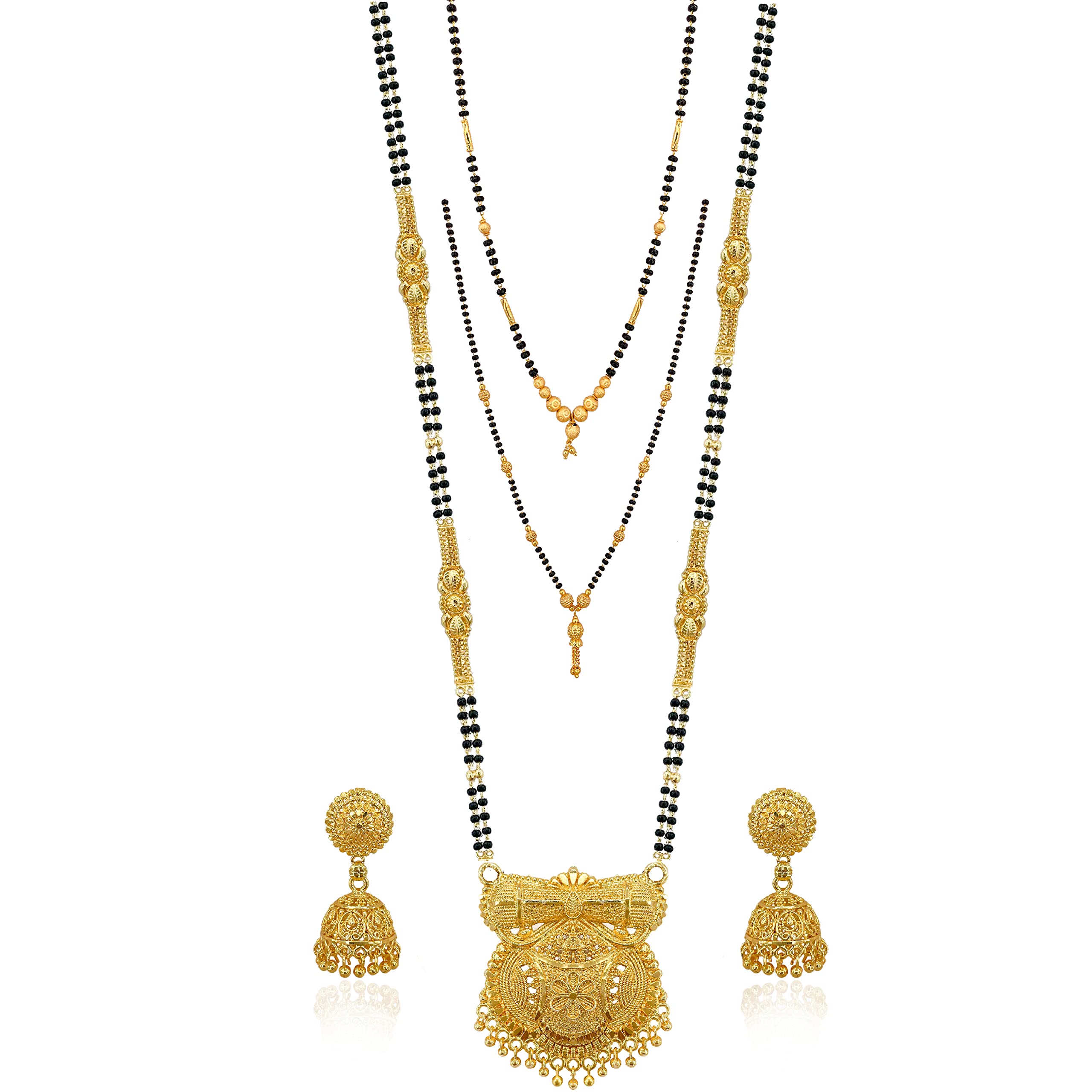 Brado Jewellery Traditional Gold Plated 30inch Long and 18inch short 2 Inch Earring Combo Of 3 Mangalsutra/Tanmaniya/nallapusalu/Black Beads For Women and Girls