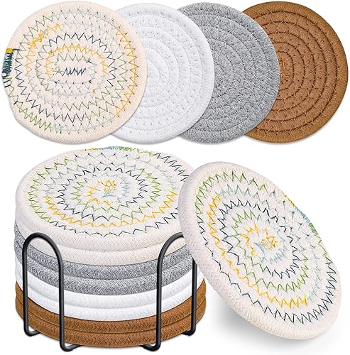 Mckanti 8 posavasos con soporte, 4 colores absorbentes para bebidas, juego de posavasos minimalistas de algodón tejido para decoración del hogar,