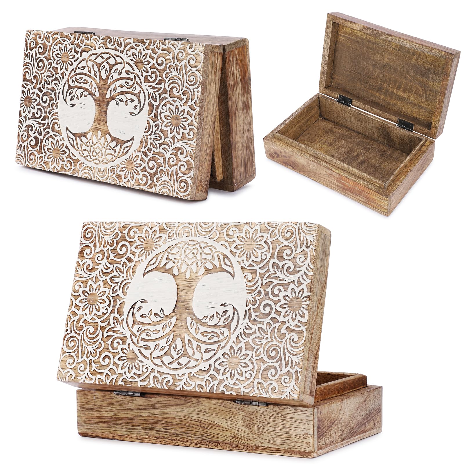 Ajuny Hand Carved Wooden Keepsake Box 8 x 5 Inch, Tree of Life Design Mango Wood Jewellery Box, Trinket Storage Organiser, Decorative Treasure Chest Gift Box for Home Decor