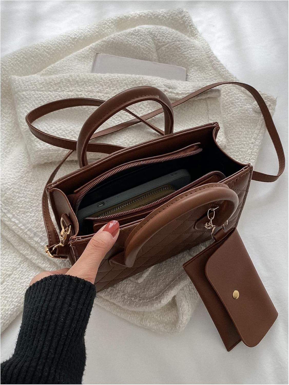 OYOANGLE Women's Quilted Leather Square Bags Double Handle Purse Shoulder Handbags with Card Holder - Image 2