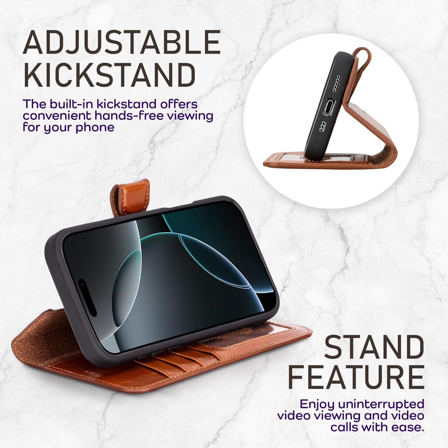 Bayelon Wallet Case for iPhone 16 Pro 6.3", Full Grain Leather Wallet Case, Detachable Magnetic Flip Folio Cover, Card Holder, MagSafe Compatible, RFID Blocking Case (Rustic Tan) - Image 5