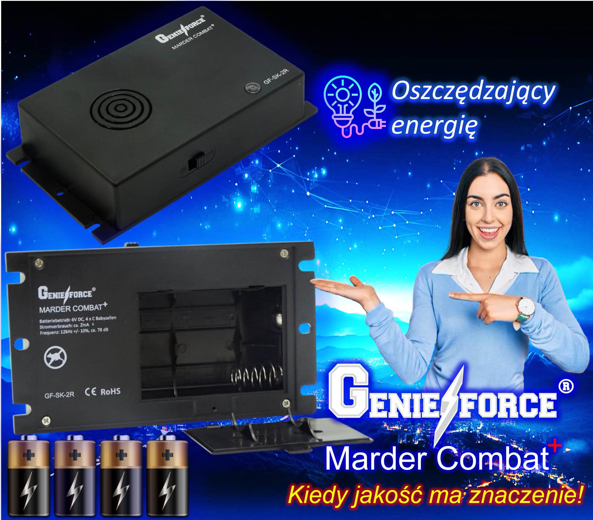 Genieforce® GF-SK-2R odstraszacz kun, zasilany bateriami, ultradźwiękowy odstraszacz kun, mobilna ochrona samochodu, domu, ogrodu, na strych; GF-SK-2R
