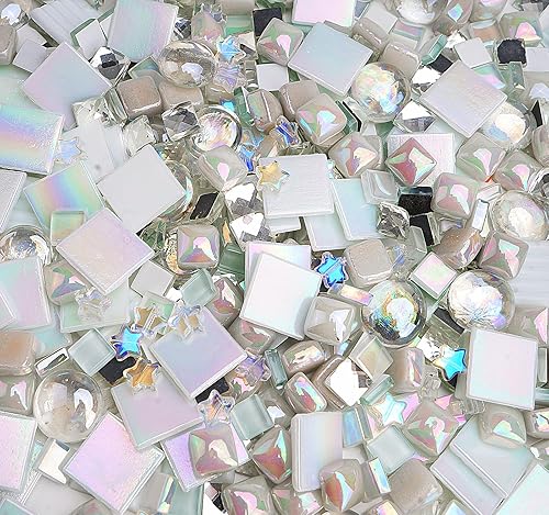 Miniatura 8 de Lanyani Surtidos de azulejos de mosaico de vidrio blanco para manualidades de bricolaje, variedad de piezas de mosaico de vidrio iridiscente a