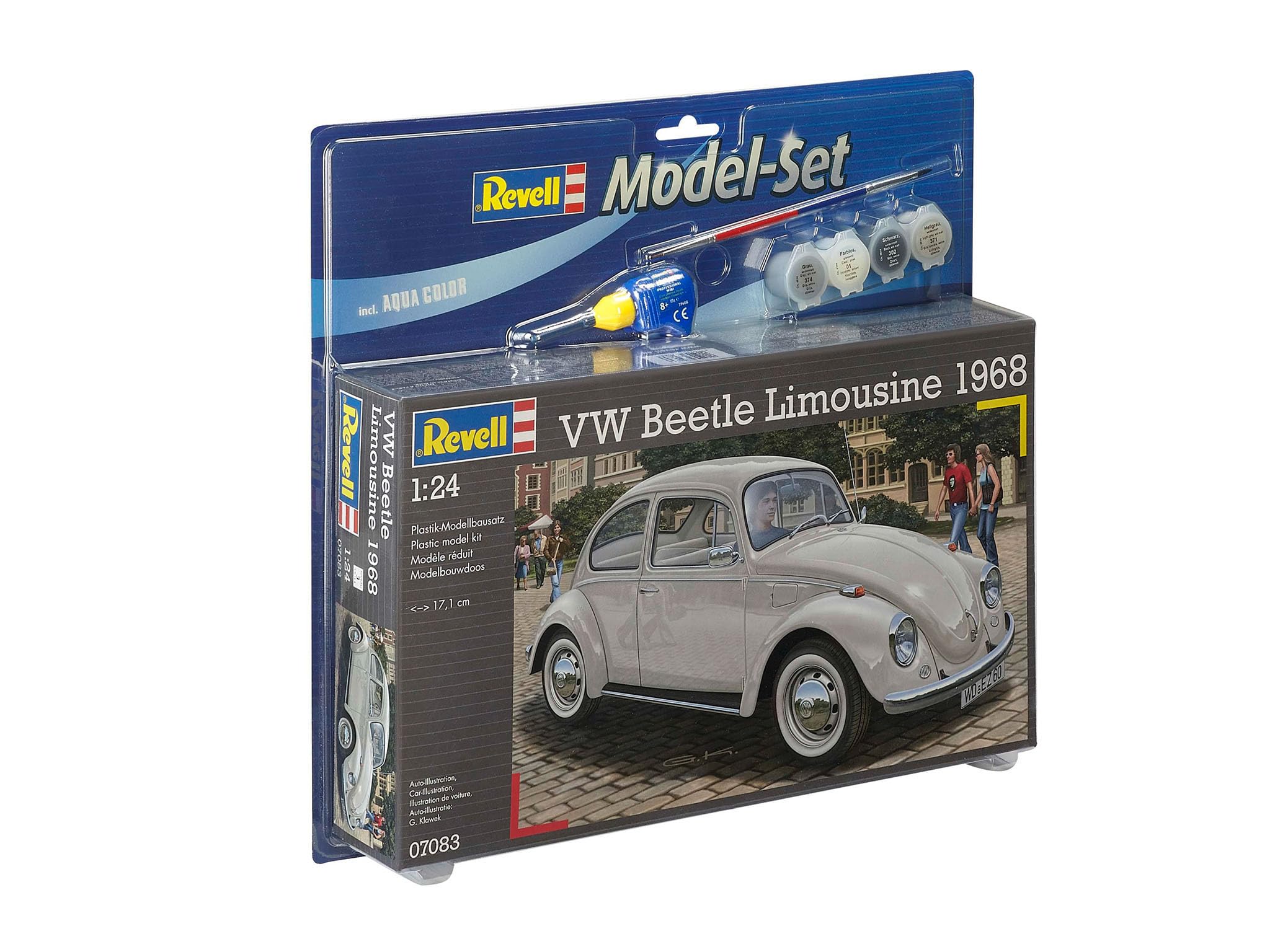 Revell Zestaw modeli 67083 VW Beetle Limousine 68 w skali 1:24, niezabudowany/niepomalowany plastikowy model z profesjonalnym klejem, pędzlem i wybranymi farbami w kolorze Aqua